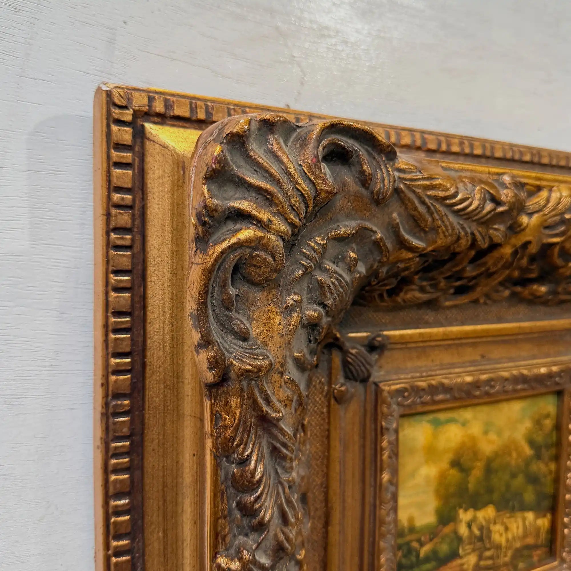 Cattle on the Woodland Path | Vintage Landscape Oil Painting | Deep Baroque Frame | circa 1955 | 17.7×16.9in - Vintage Oil Painting - Arden Gallery