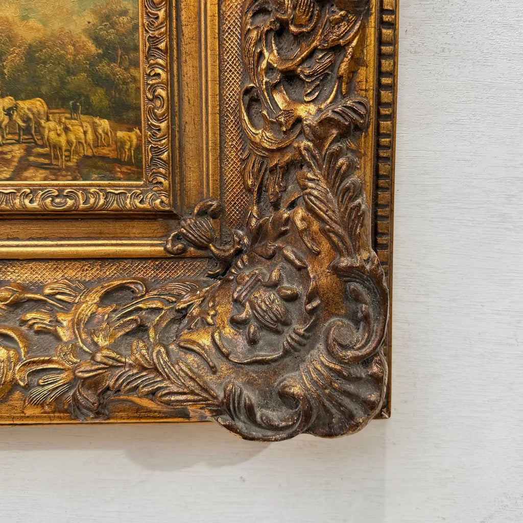 Cattle on the Woodland Path | Vintage Landscape Oil Painting | Deep Baroque Frame | circa 1955 | 17.7×16.9in - Vintage Oil Painting - Arden Gallery
