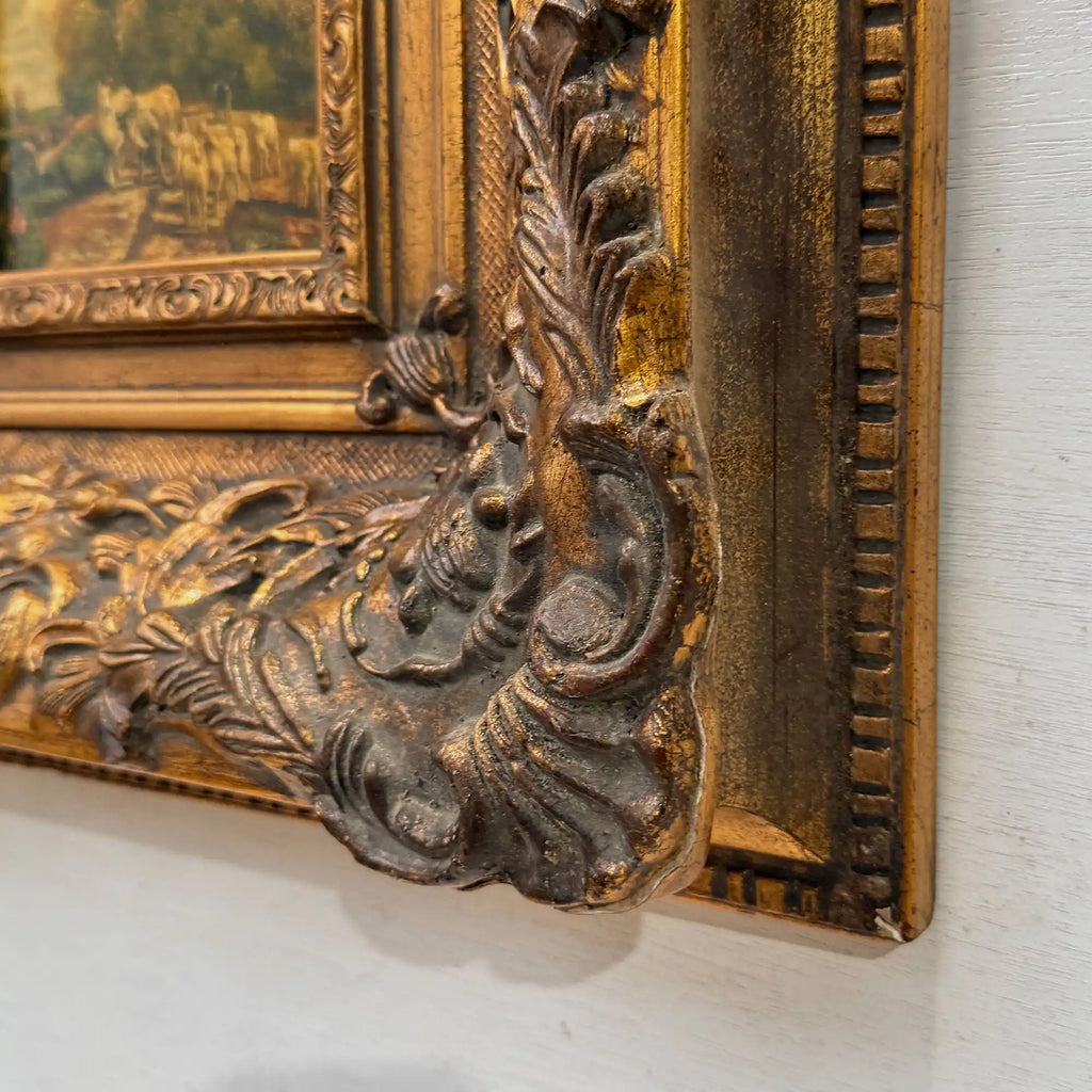 Cattle on the Woodland Path | Vintage Landscape Oil Painting | Deep Baroque Frame | circa 1955 | 17.7×16.9in - Vintage Oil Painting - Arden Gallery