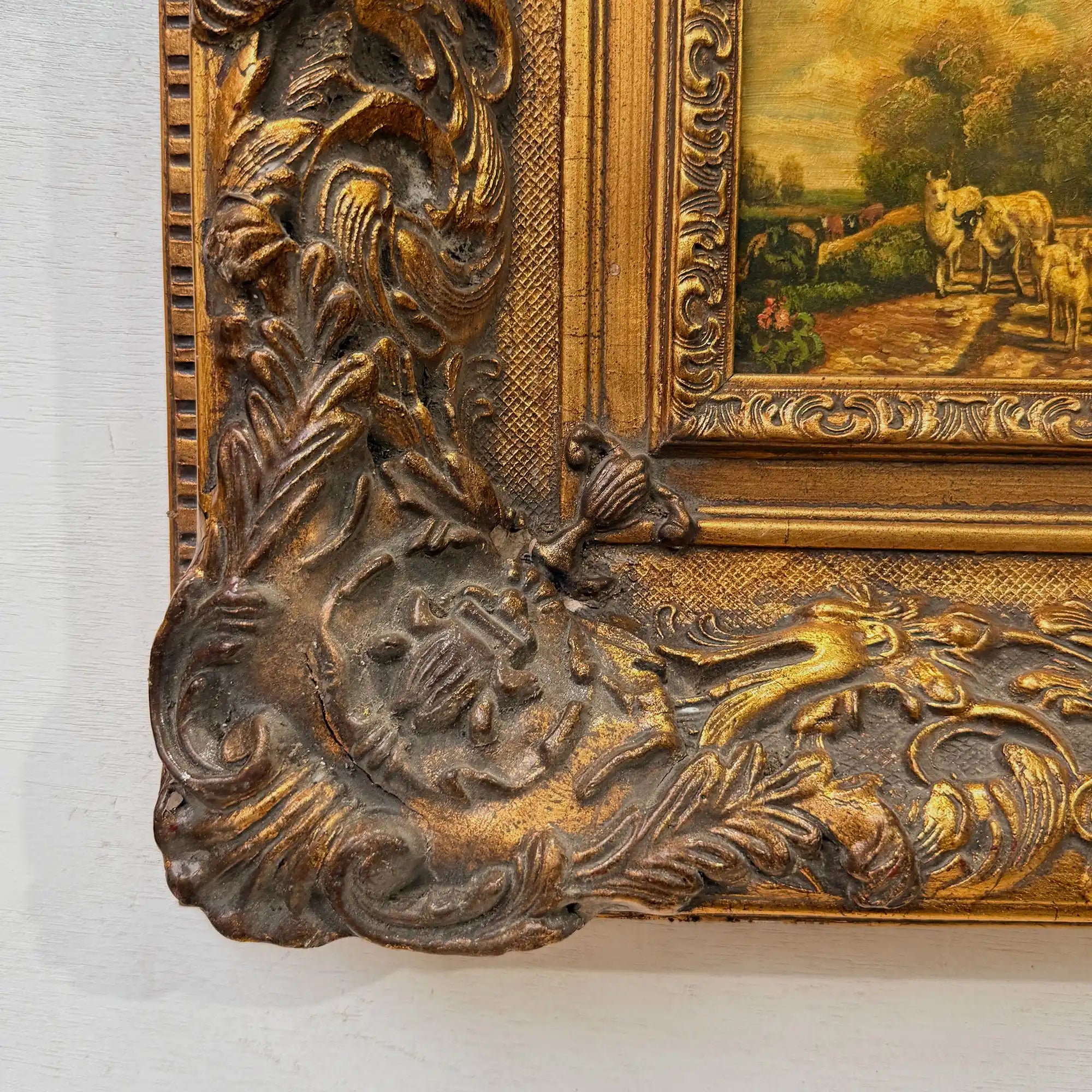 Cattle on the Woodland Path | Vintage Landscape Oil Painting | Deep Baroque Frame | circa 1955 | 17.7×16.9in - Vintage Oil Painting - Arden Gallery