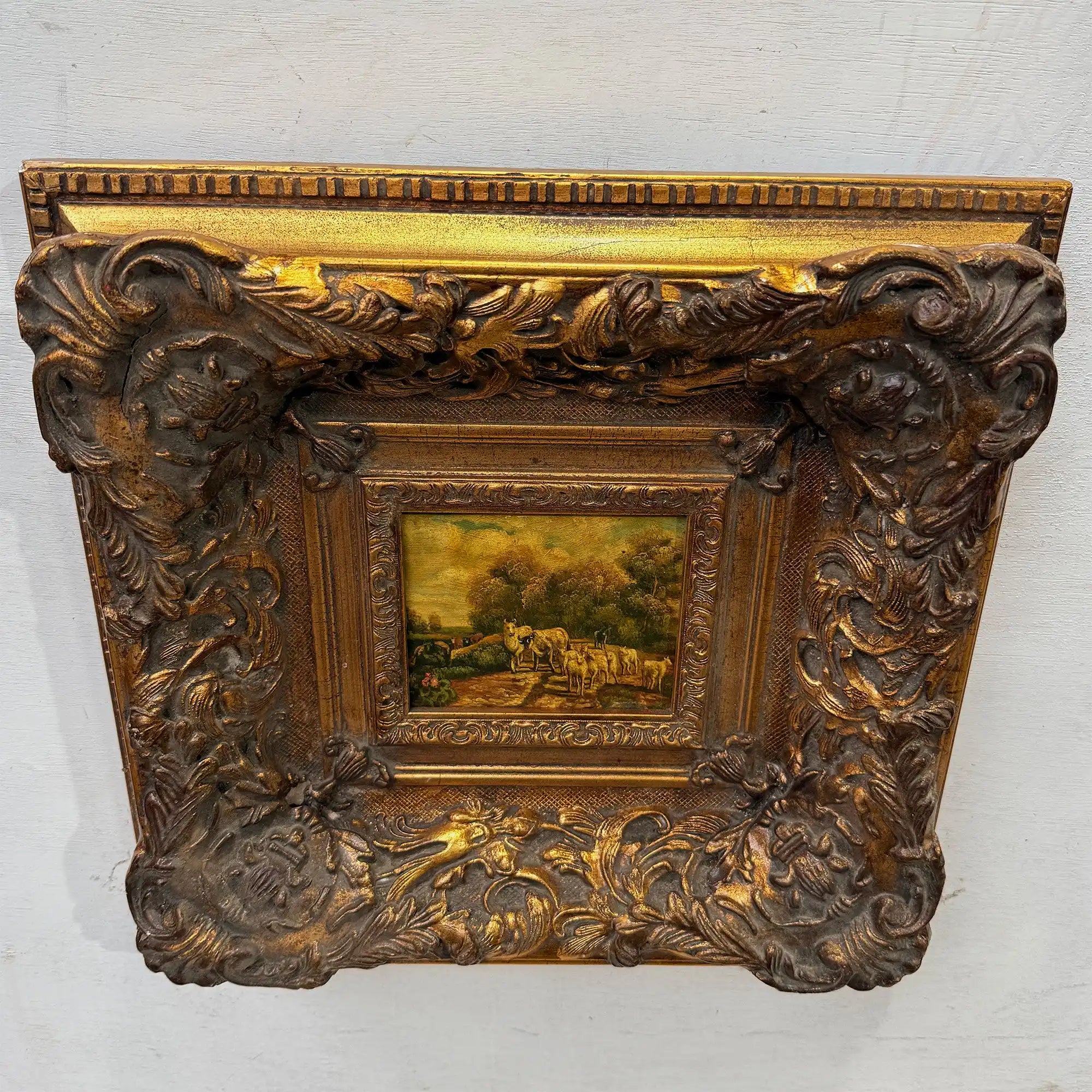 Cattle on the Woodland Path | Vintage Landscape Oil Painting | Deep Baroque Frame | circa 1955 | 17.7×16.9in - Vintage Oil Painting - Arden Gallery