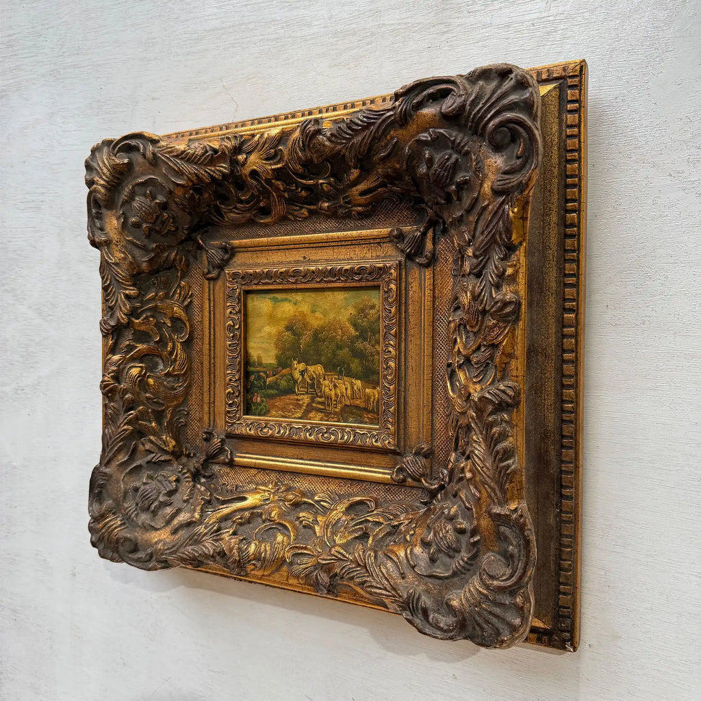 Cattle on the Woodland Path | Vintage Landscape Oil Painting | Deep Baroque Frame | circa 1955 | 17.7×16.9in - Vintage Oil Painting - Arden Gallery