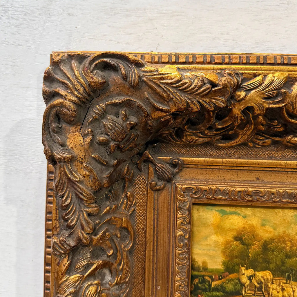 Cattle on the Woodland Path | Vintage Landscape Oil Painting | Deep Baroque Frame | circa 1955 | 17.7×16.9in - Vintage Oil Painting - Arden Gallery