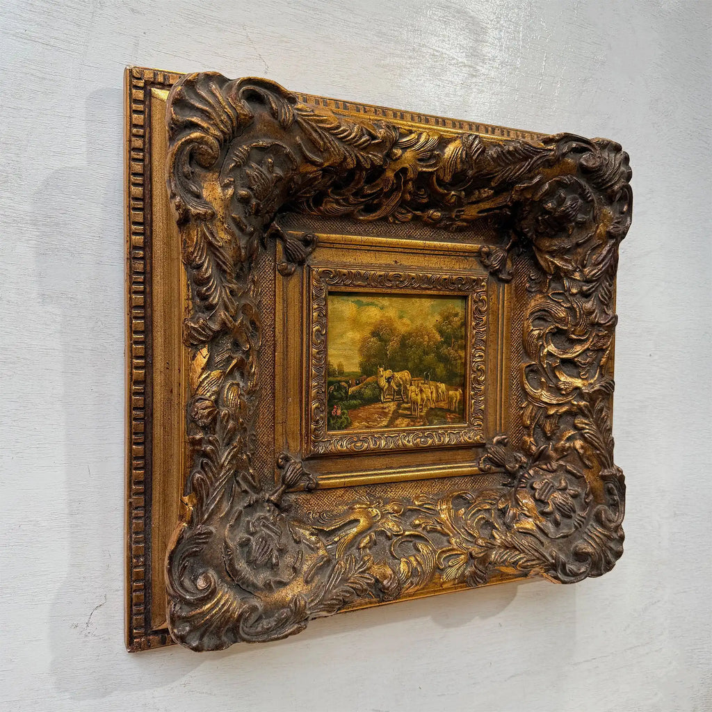 Cattle on the Woodland Path | Vintage Landscape Oil Painting | Deep Baroque Frame | circa 1955 | 17.7×16.9in - Vintage Oil Painting - Arden Gallery