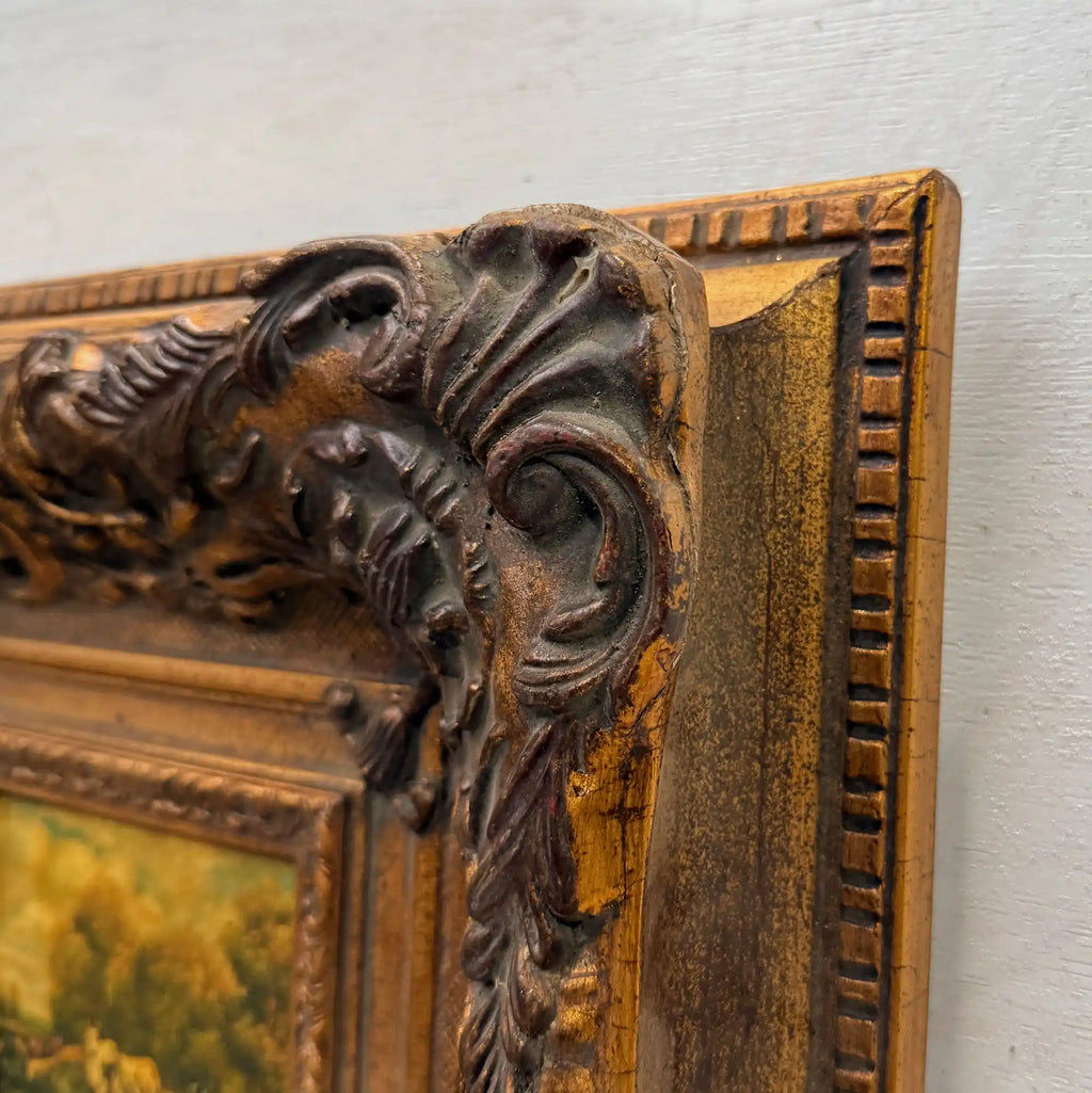 Cattle on the Woodland Path | Vintage Landscape Oil Painting | Deep Baroque Frame | circa 1955 | 17.7×16.9in - Vintage Oil Painting - Arden Gallery