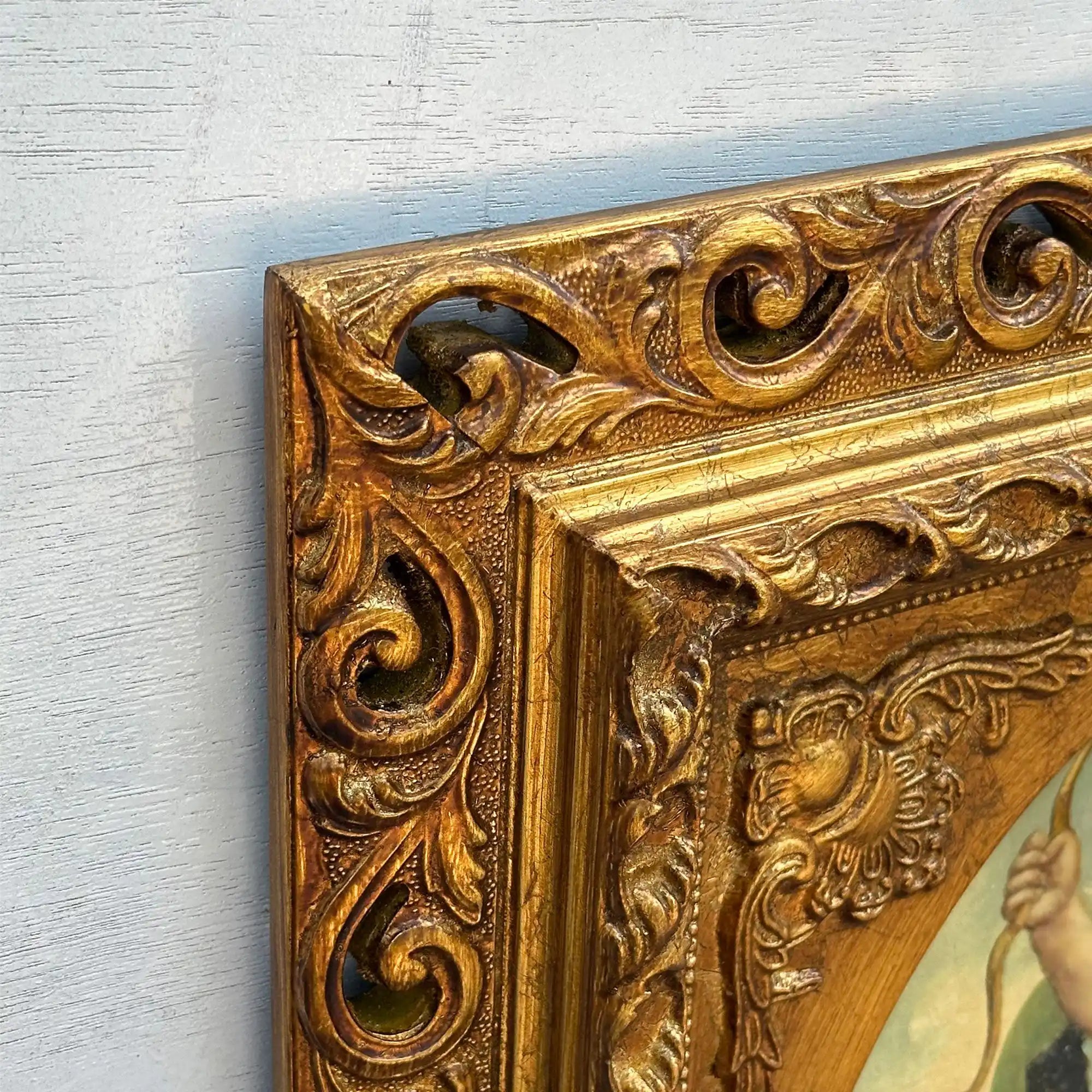 Cherubs in Flight | Vintage Figurative Oil Painting | Ornate Gold Frame | 19.7×23.6in - Vintage Oil Painting - Arden Gallery