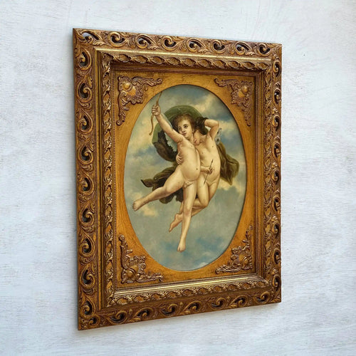 Cherubs in Flight | Vintage Figurative Oil Painting | Ornate Gold Frame | 19.7×23.6in - Vintage Oil Painting - Arden Gallery
