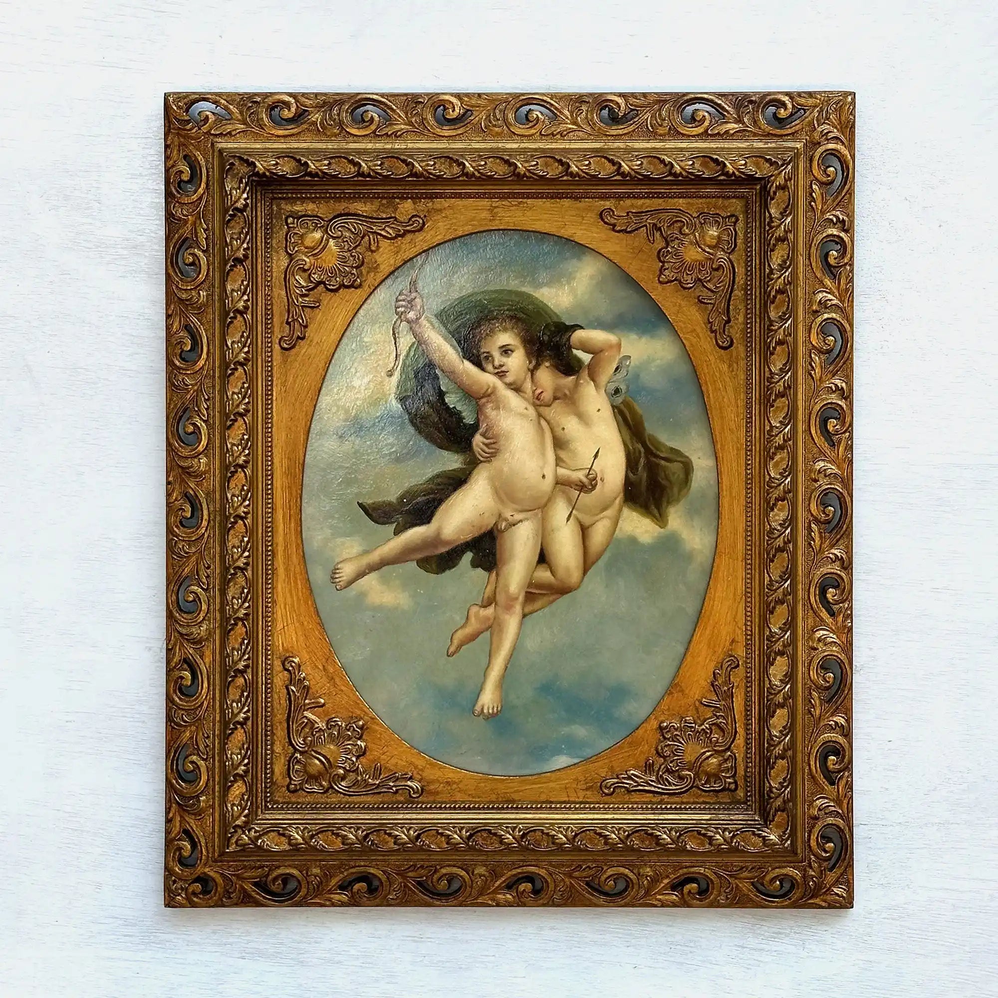 Cherubs in Flight | Vintage Figurative Oil Painting | Ornate Gold Frame | 19.7×23.6in - Vintage Oil Painting - Arden Gallery
