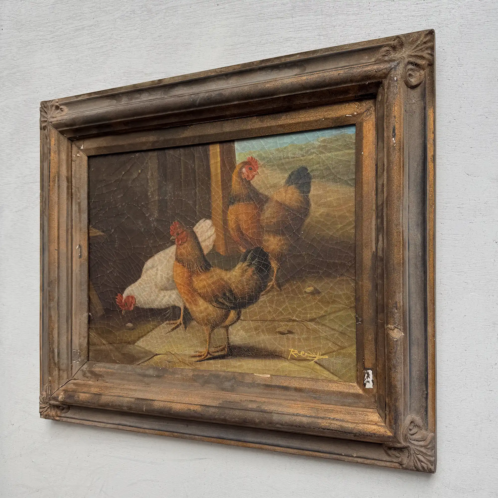Circa 1900 Original Farm Poultry Oil Painting, Antique Animal Artwork, Framed - Vintage Oil Painting - Arden Gallery
