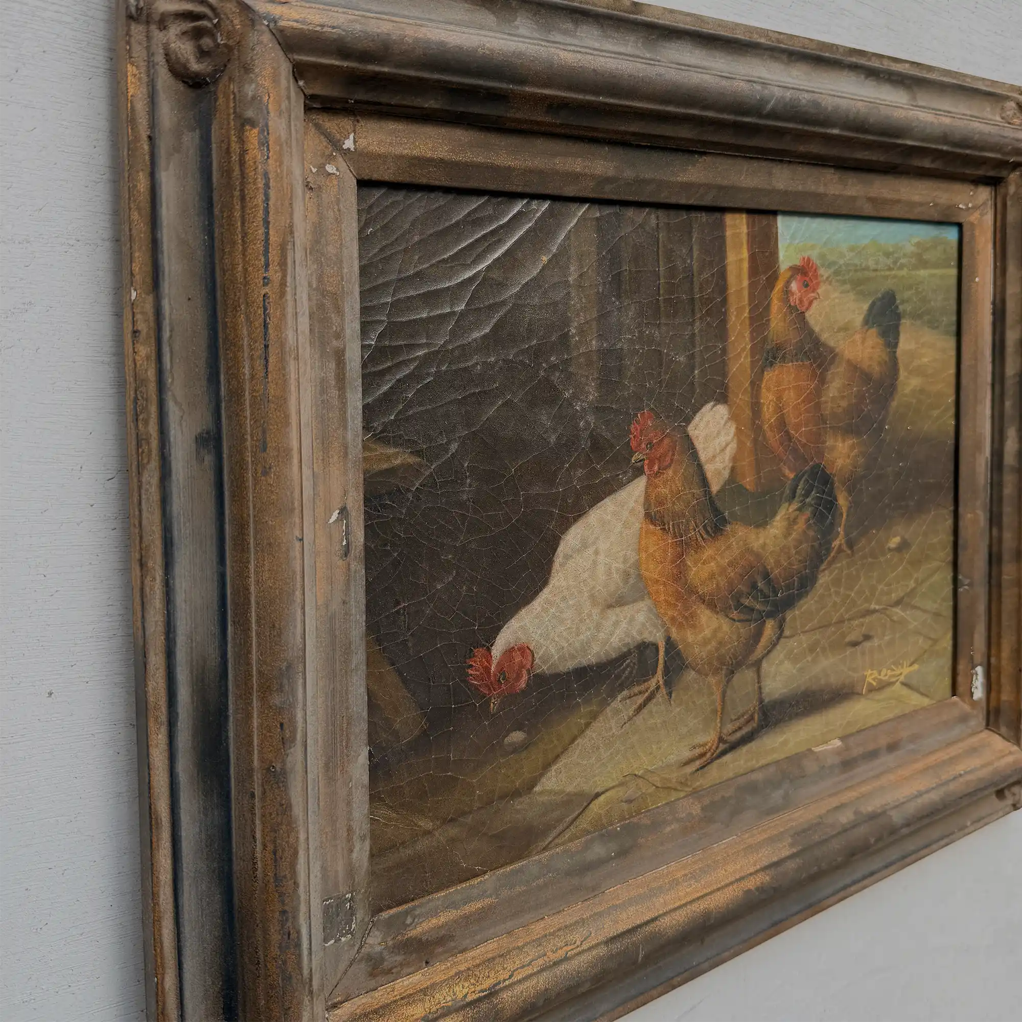 Circa 1900 Original Farm Poultry Oil Painting, Antique Animal Artwork, Framed - Vintage Oil Painting - Arden Gallery