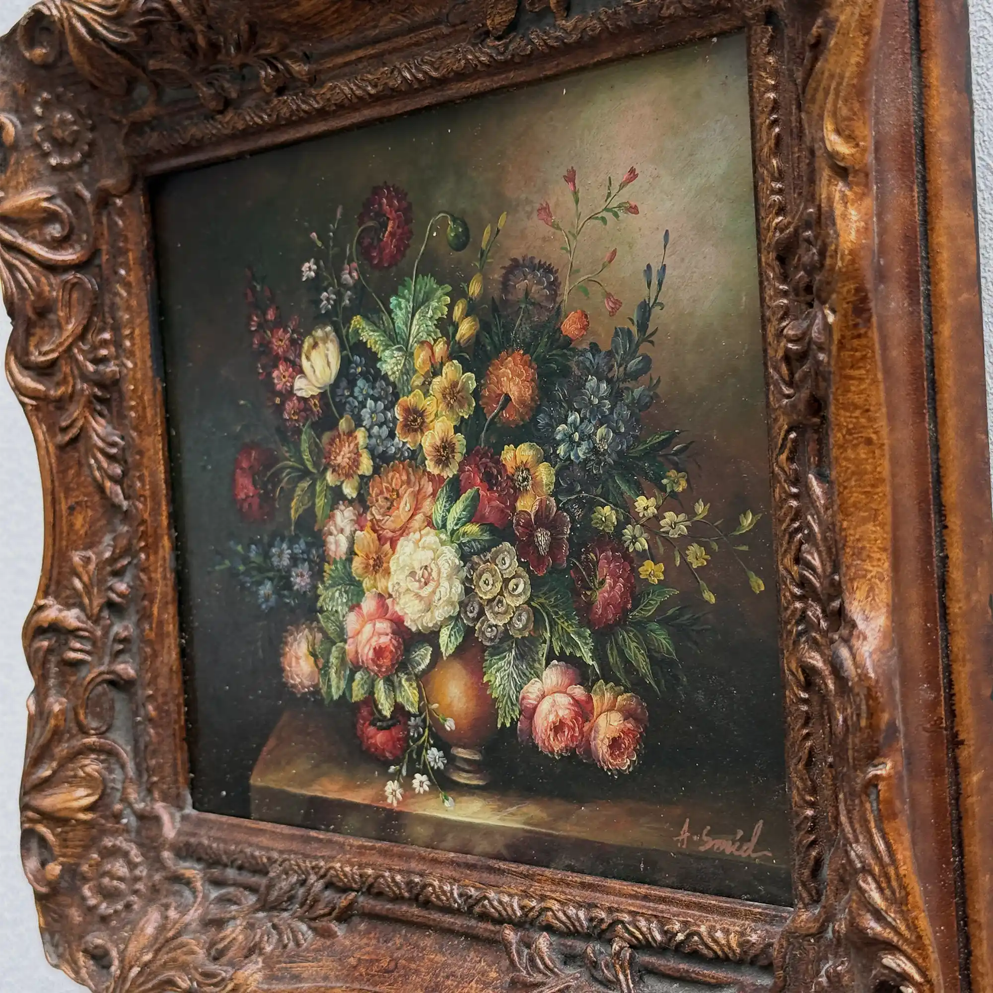 Classic Flower Bouquet Oil Painting “Ornate Brown Frame” Original Vintage Art - 12.6 × 11.0 in - Vintage Oil Painting - Arden Gallery
