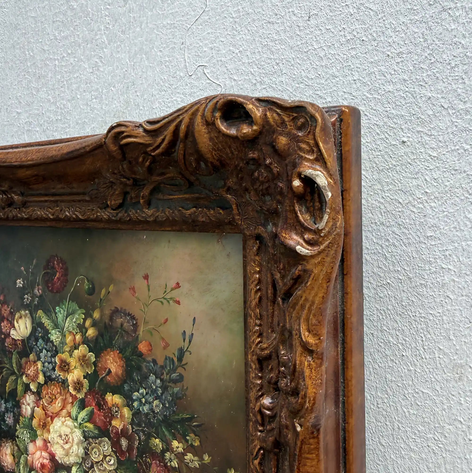Classic Flower Bouquet Oil Painting “Ornate Brown Frame” Original Vintage Art - 12.6 × 11.0 in - Vintage Oil Painting - Arden Gallery