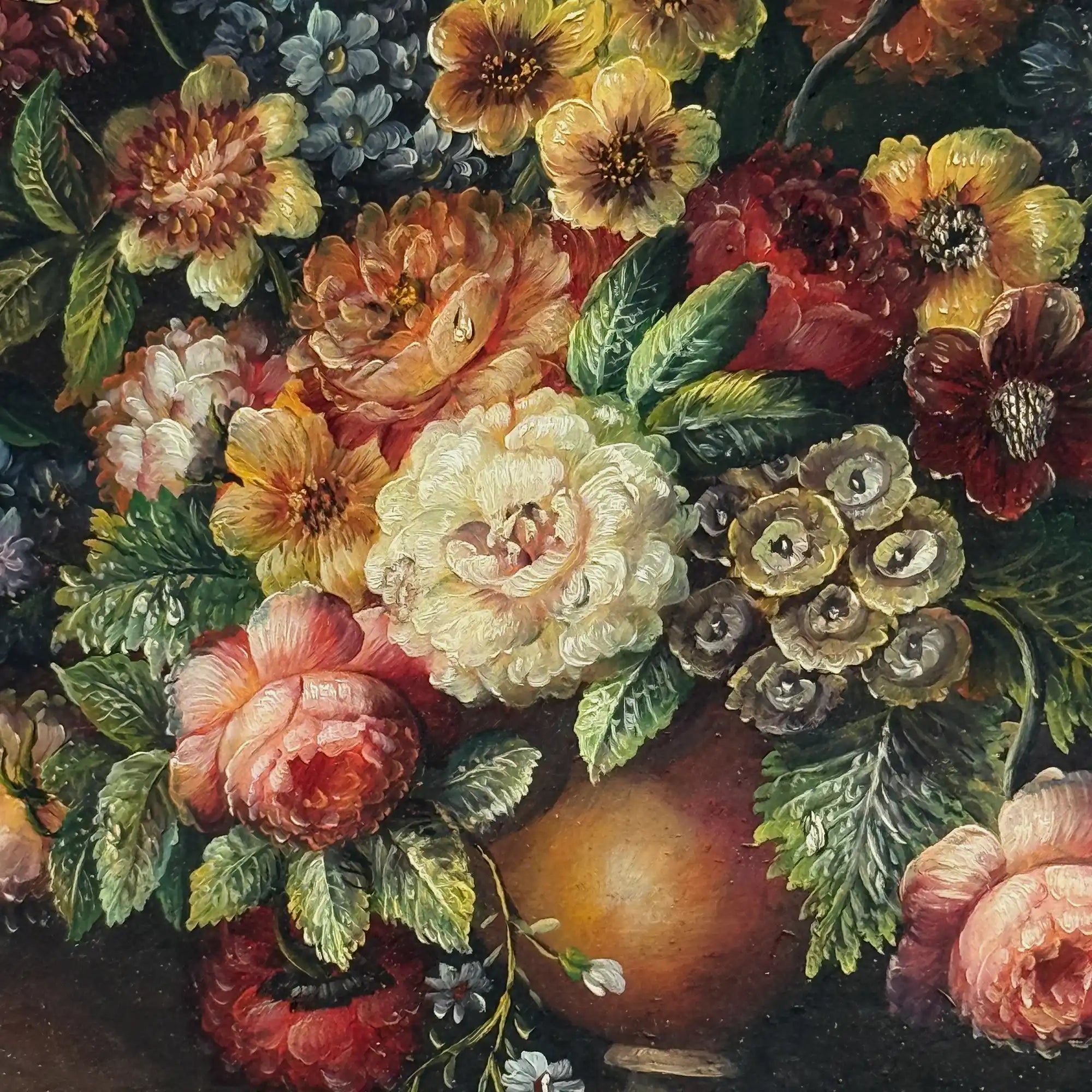 Classic Flower Bouquet Oil Painting “Ornate Brown Frame” Original Vintage Art - 12.6 × 11.0 in - Vintage Oil Painting - Arden Gallery