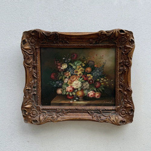 Classic Flower Bouquet Oil Painting “Ornate Brown Frame” Original Vintage Art - 12.6 × 11.0 in - Vintage Oil Painting - Arden Gallery