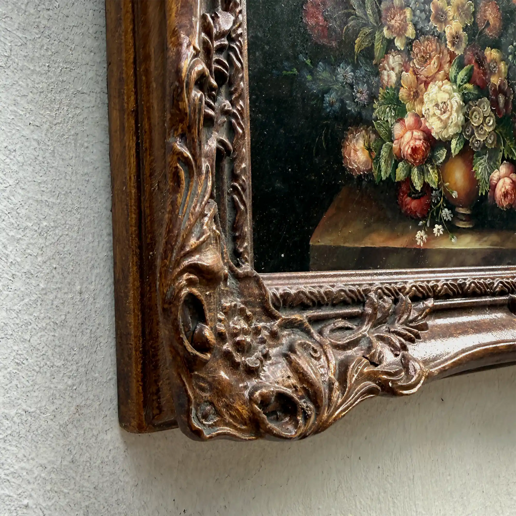 Classic Flower Bouquet Oil Painting “Ornate Brown Frame” Original Vintage Art - 12.6 × 11.0 in - Vintage Oil Painting - Arden Gallery