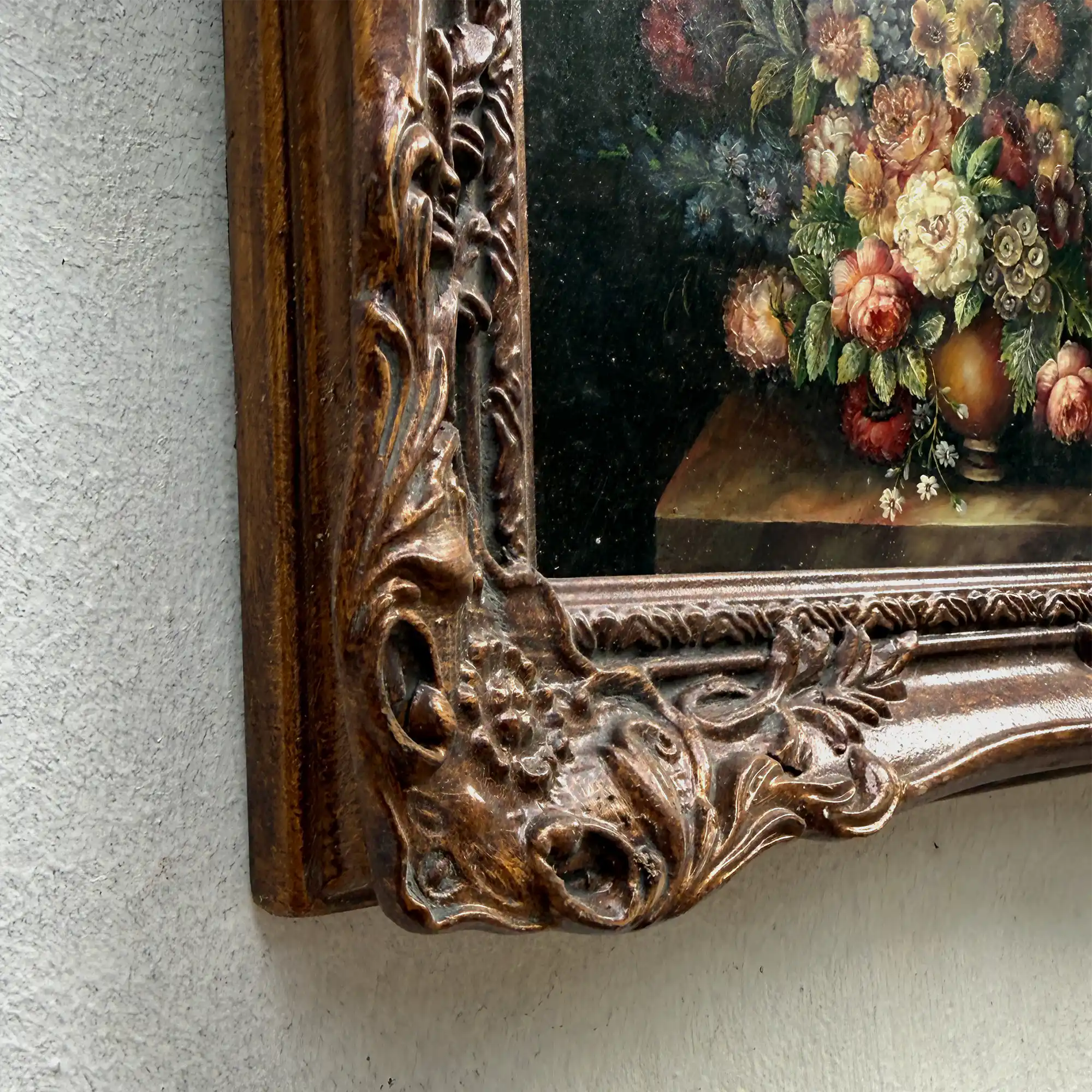 Classic Flower Bouquet Oil Painting “Ornate Brown Frame” Original Vintage Art - 12.6 × 11.0 in - Vintage Oil Painting - Arden Gallery