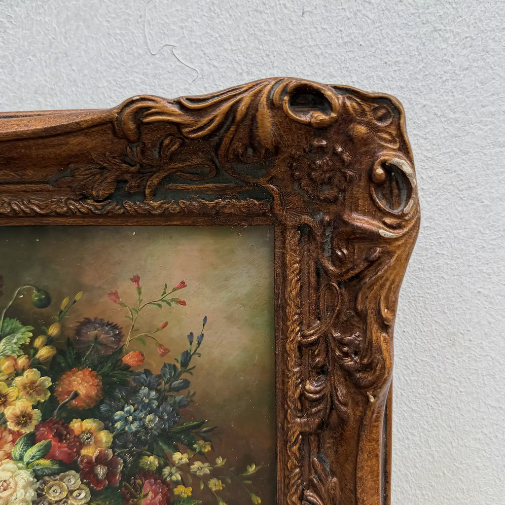 Classic Flower Bouquet Oil Painting “Ornate Brown Frame” Original Vintage Art - 12.6 × 11.0 in - Vintage Oil Painting - Arden Gallery
