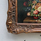 Classic Flower Bouquet Oil Painting “Ornate Brown Frame” Original Vintage Art - 12.6 × 11.0 in - Vintage Oil Painting - Arden Gallery