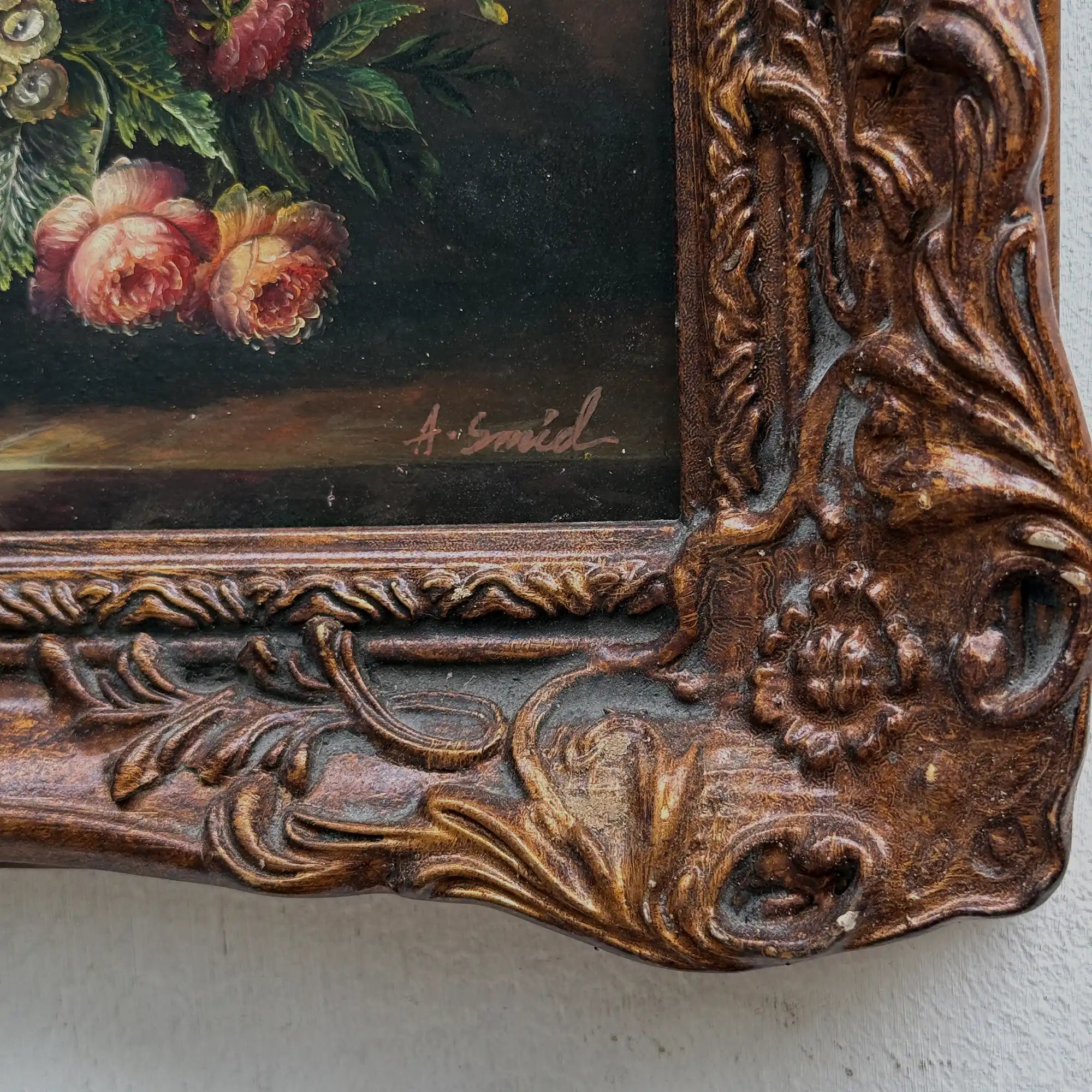 Classic Flower Bouquet Oil Painting “Ornate Brown Frame” Original Vintage Art - 12.6 × 11.0 in - Vintage Oil Painting - Arden Gallery