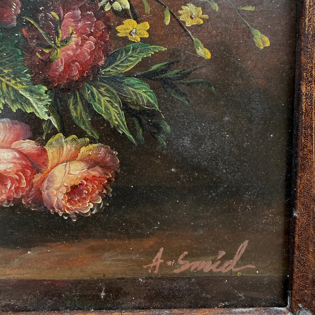 Classic Flower Bouquet Oil Painting “Ornate Brown Frame” Original Vintage Art - 12.6 × 11.0 in - Vintage Oil Painting - Arden Gallery
