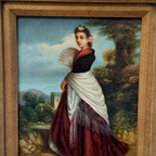 Classical Hand-Painted Portrait Painting, Spanish-Style Noble Lady in Red Long Gown & Shawl, Vintage Gilded Frame - Vintage Oil Painting - Arden Gallery