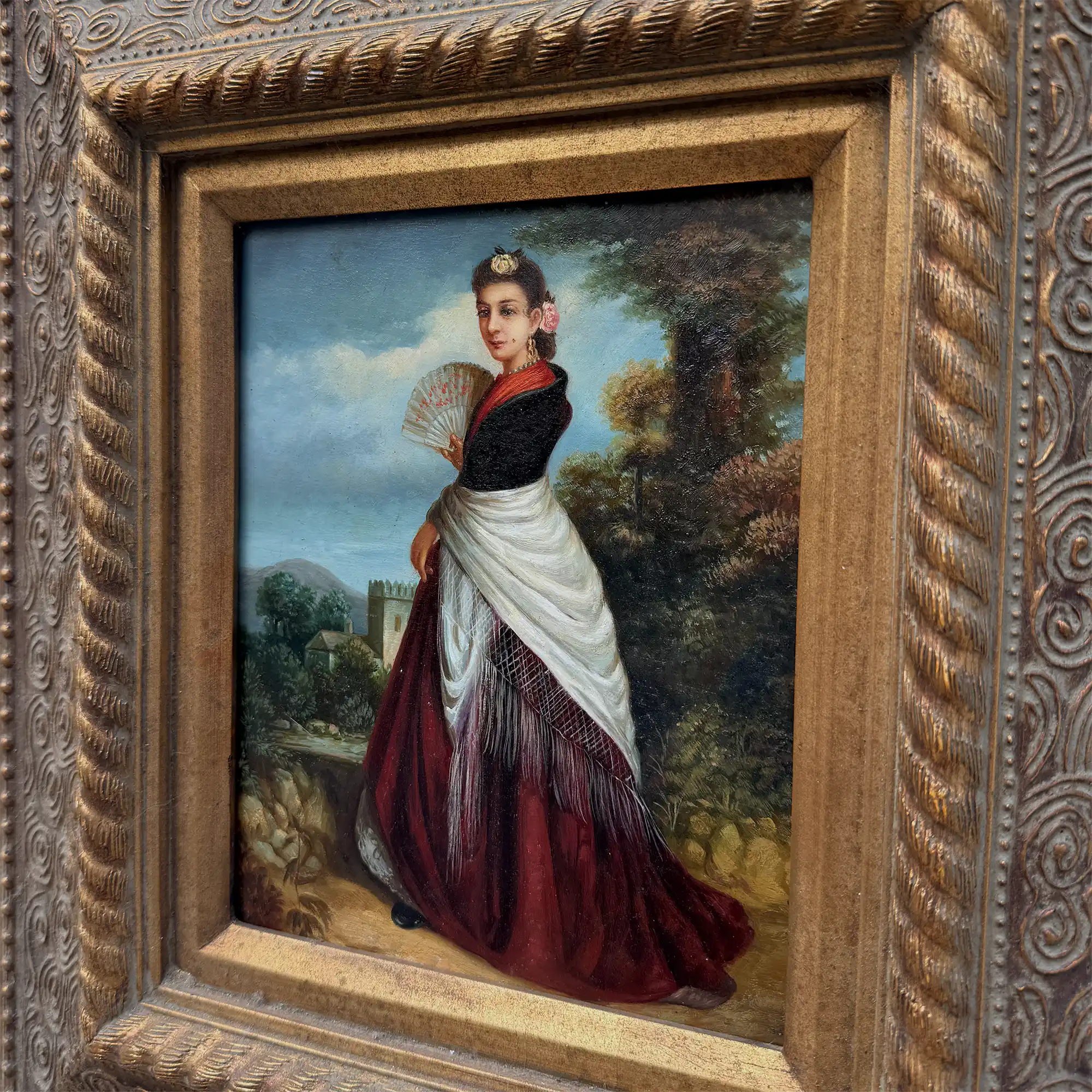 Classical Hand-Painted Portrait Painting, Spanish-Style Noble Lady in Red Long Gown & Shawl, Vintage Gilded Frame - Vintage Oil Painting - Arden Gallery