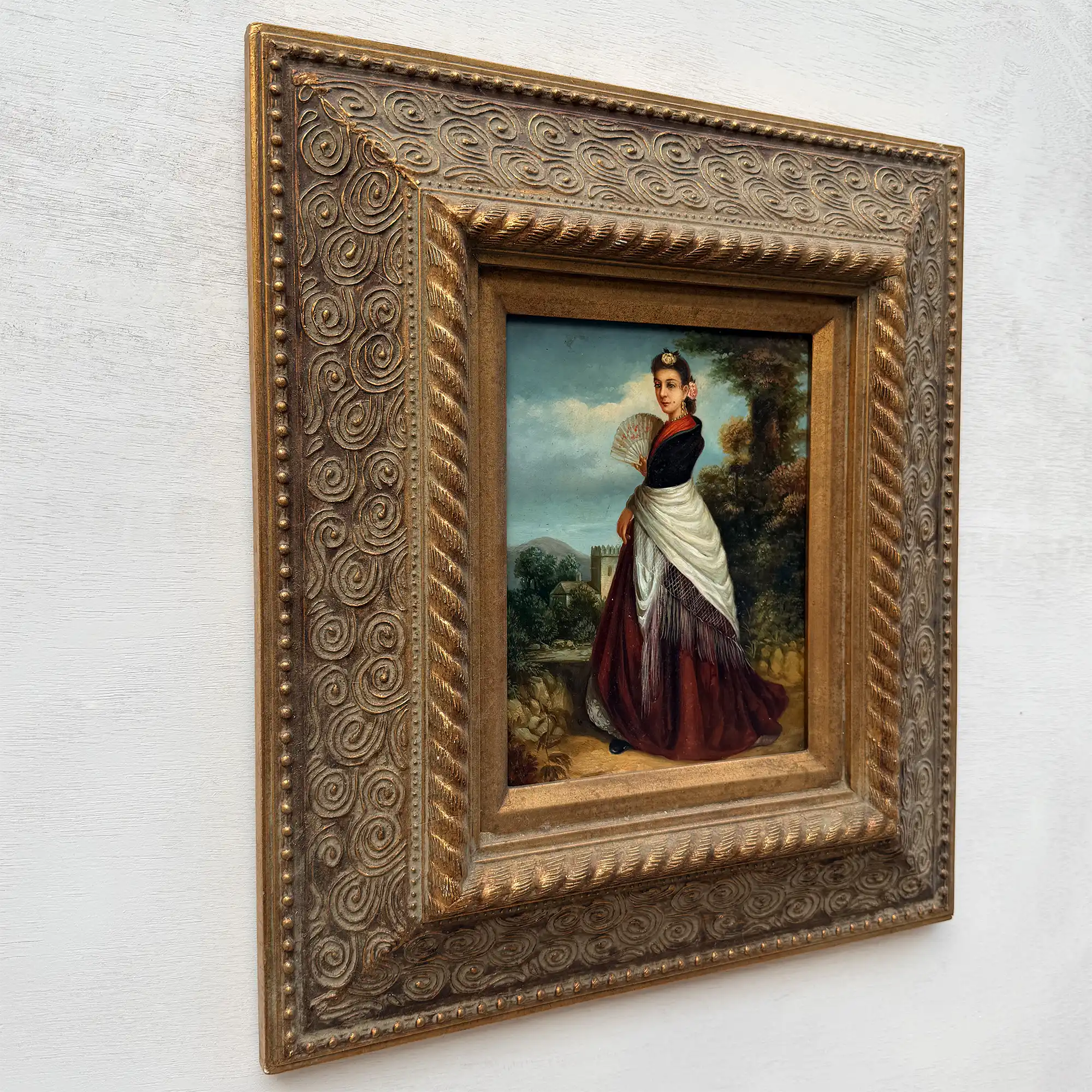 Classical Hand-Painted Portrait Painting, Spanish-Style Noble Lady in Red Long Gown & Shawl, Vintage Gilded Frame - Vintage Oil Painting - Arden Gallery