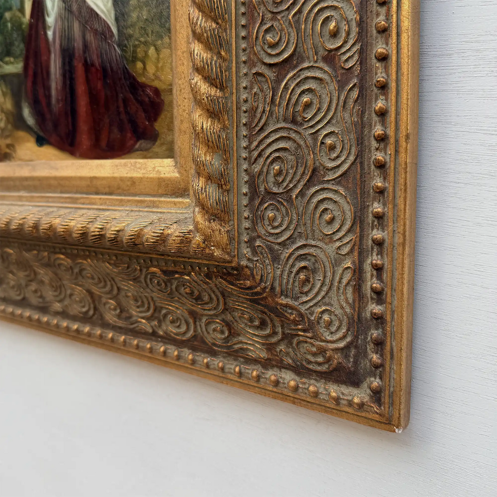 Classical Hand-Painted Portrait Painting, Spanish-Style Noble Lady in Red Long Gown & Shawl, Vintage Gilded Frame - Vintage Oil Painting - Arden Gallery