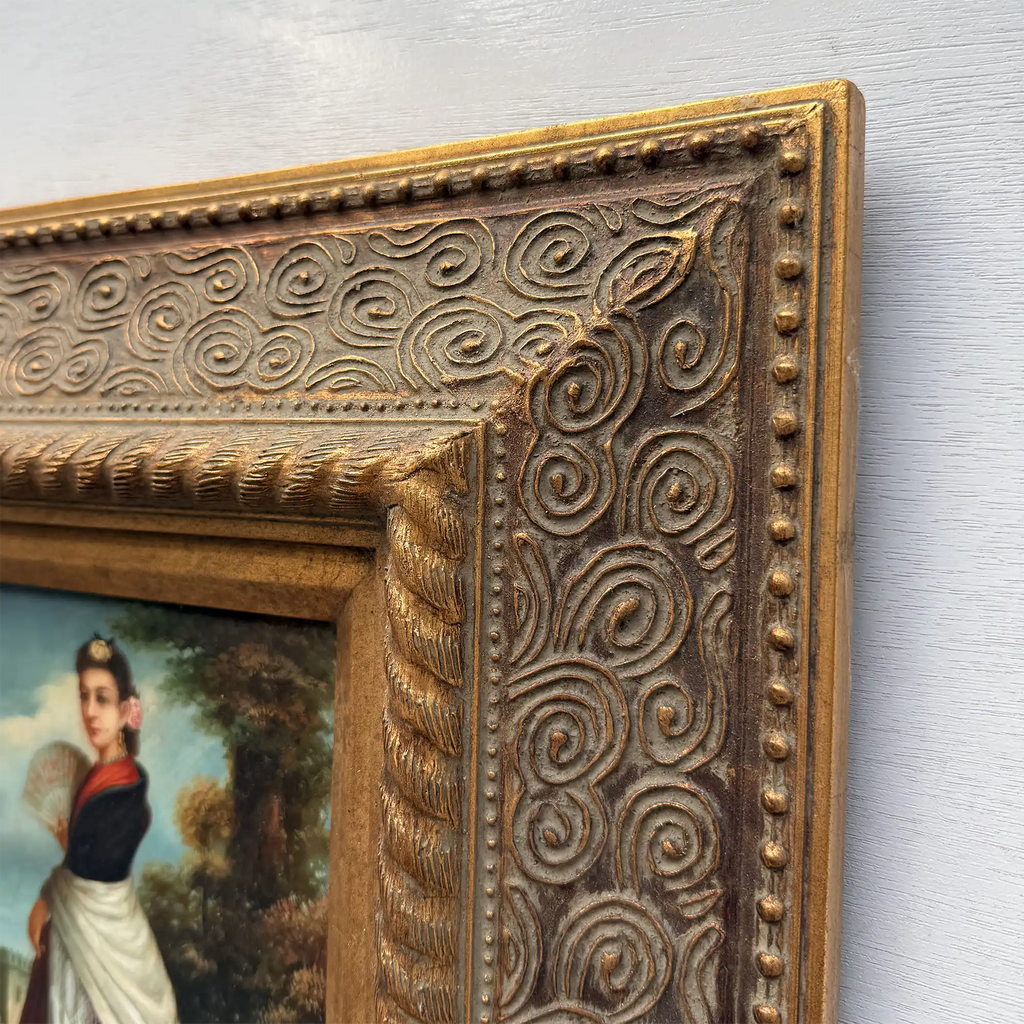 Classical Hand-Painted Portrait Painting, Spanish-Style Noble Lady in Red Long Gown & Shawl, Vintage Gilded Frame - Vintage Oil Painting - Arden Gallery
