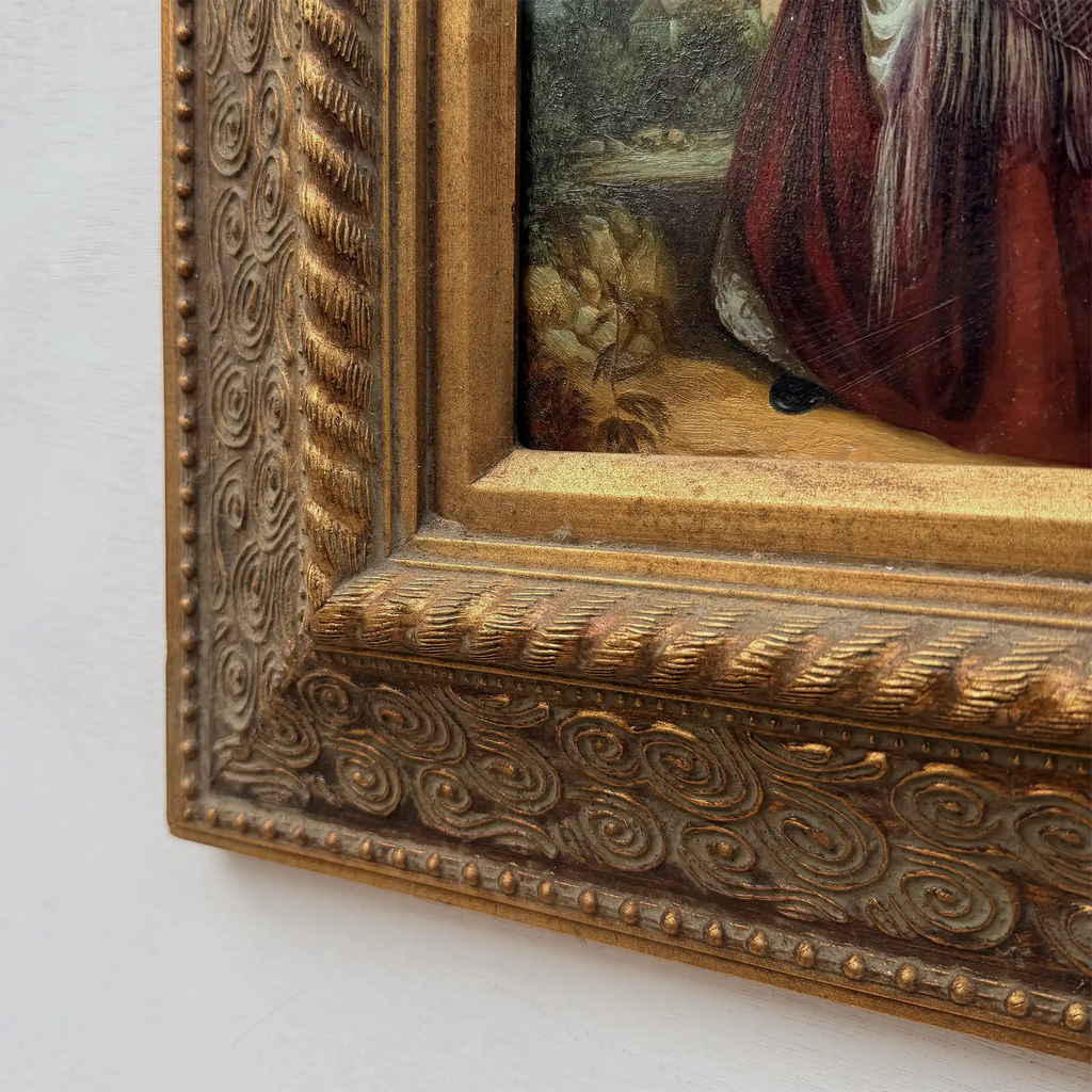 Classical Hand-Painted Portrait Painting, Spanish-Style Noble Lady in Red Long Gown & Shawl, Vintage Gilded Frame - Vintage Oil Painting - Arden Gallery
