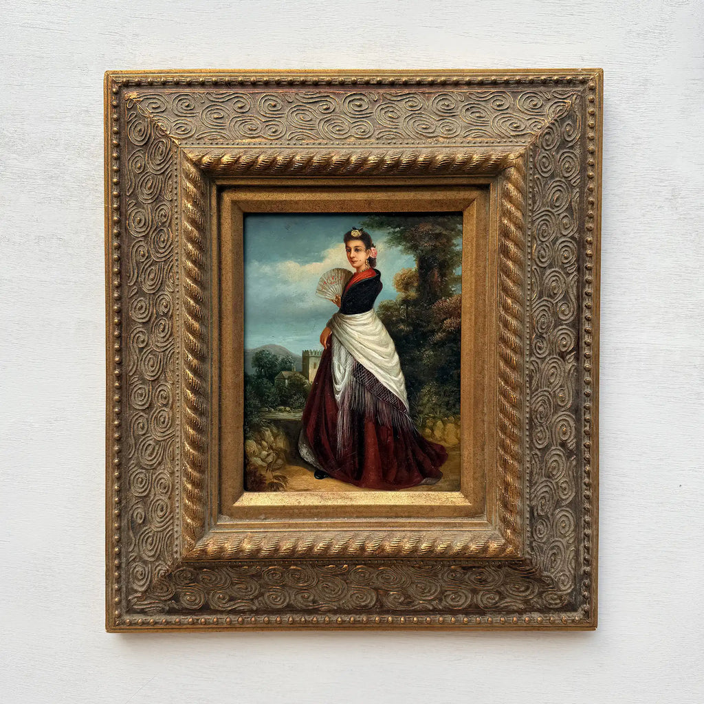 Classical Hand-Painted Portrait Painting, Spanish-Style Noble Lady in Red Long Gown & Shawl, Vintage Gilded Frame - Vintage Oil Painting - Arden Gallery