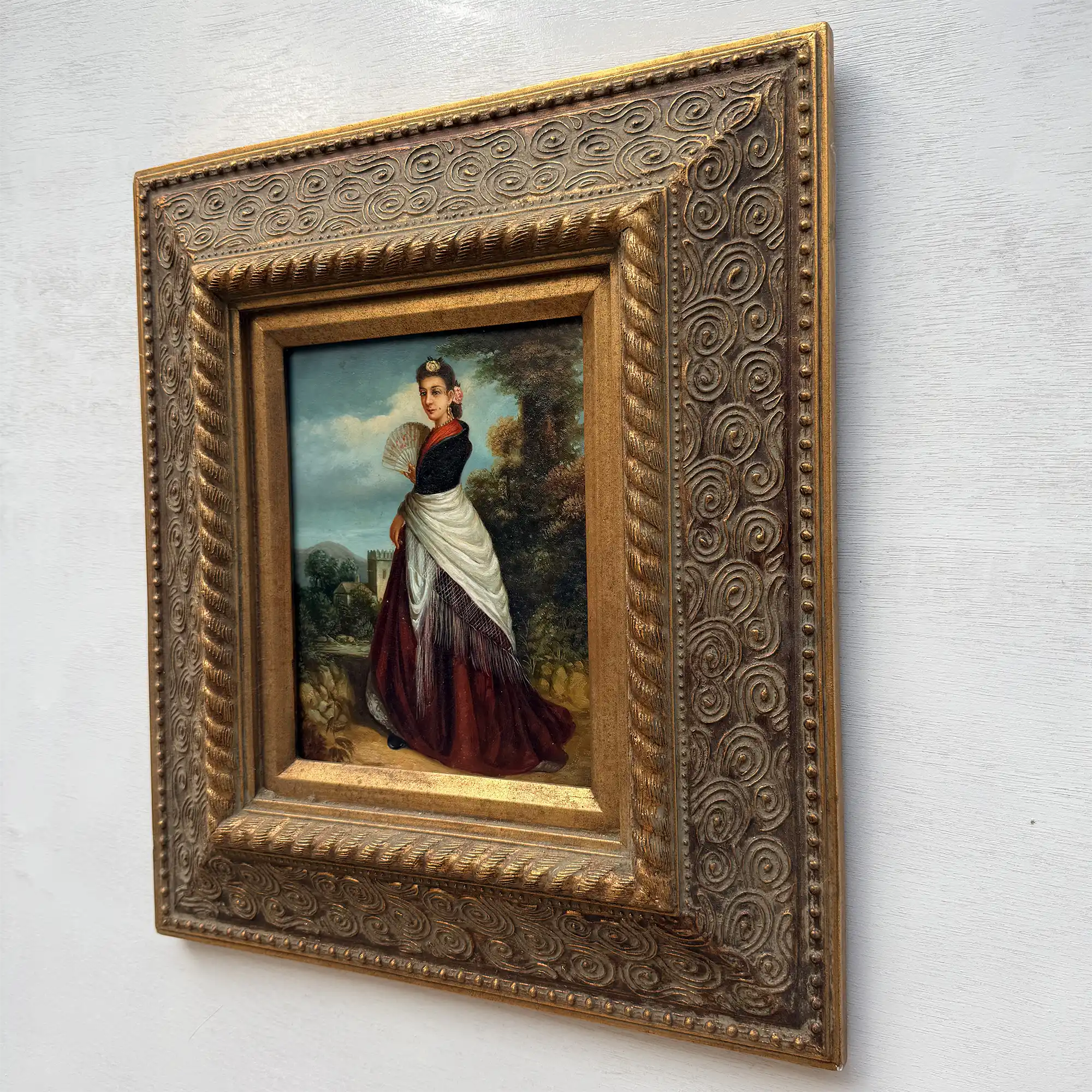 Classical Hand-Painted Portrait Painting, Spanish-Style Noble Lady in Red Long Gown & Shawl, Vintage Gilded Frame - Vintage Oil Painting - Arden Gallery