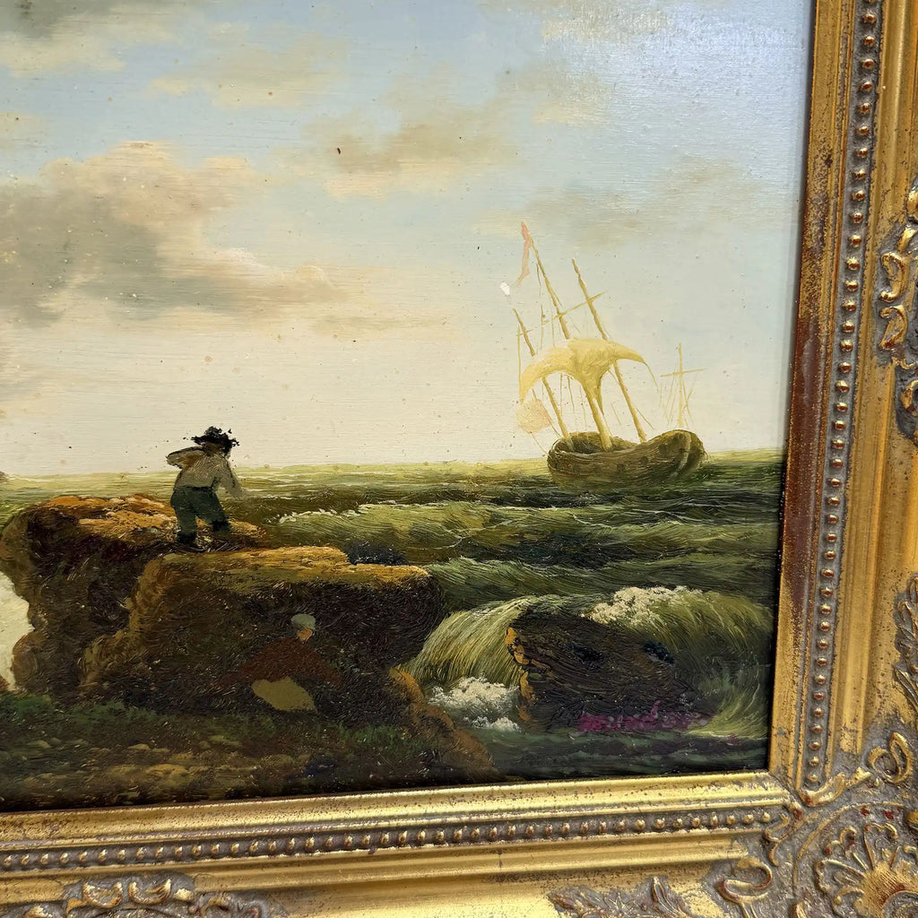 Coastal Tower in Storm | Vintage Seascape Oil Painting | Ornate Gold Frame | 19.7×16.1in - Vintage Oil Painting - Arden Gallery