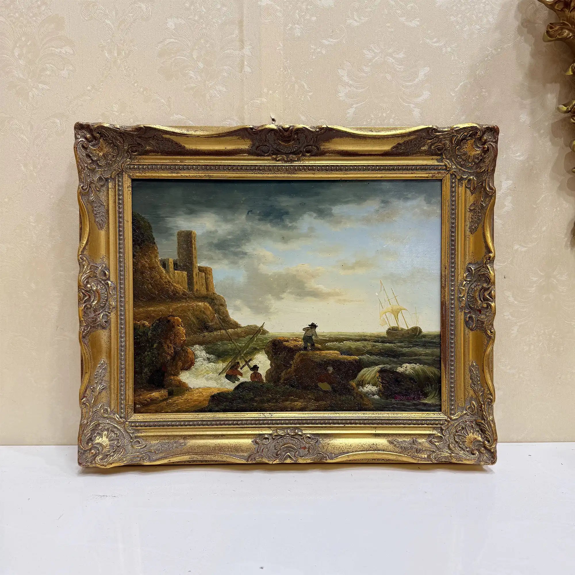 Coastal Tower in Storm | Vintage Seascape Oil Painting | Ornate Gold Frame | 19.7×16.1in - Vintage Oil Painting - Arden Gallery