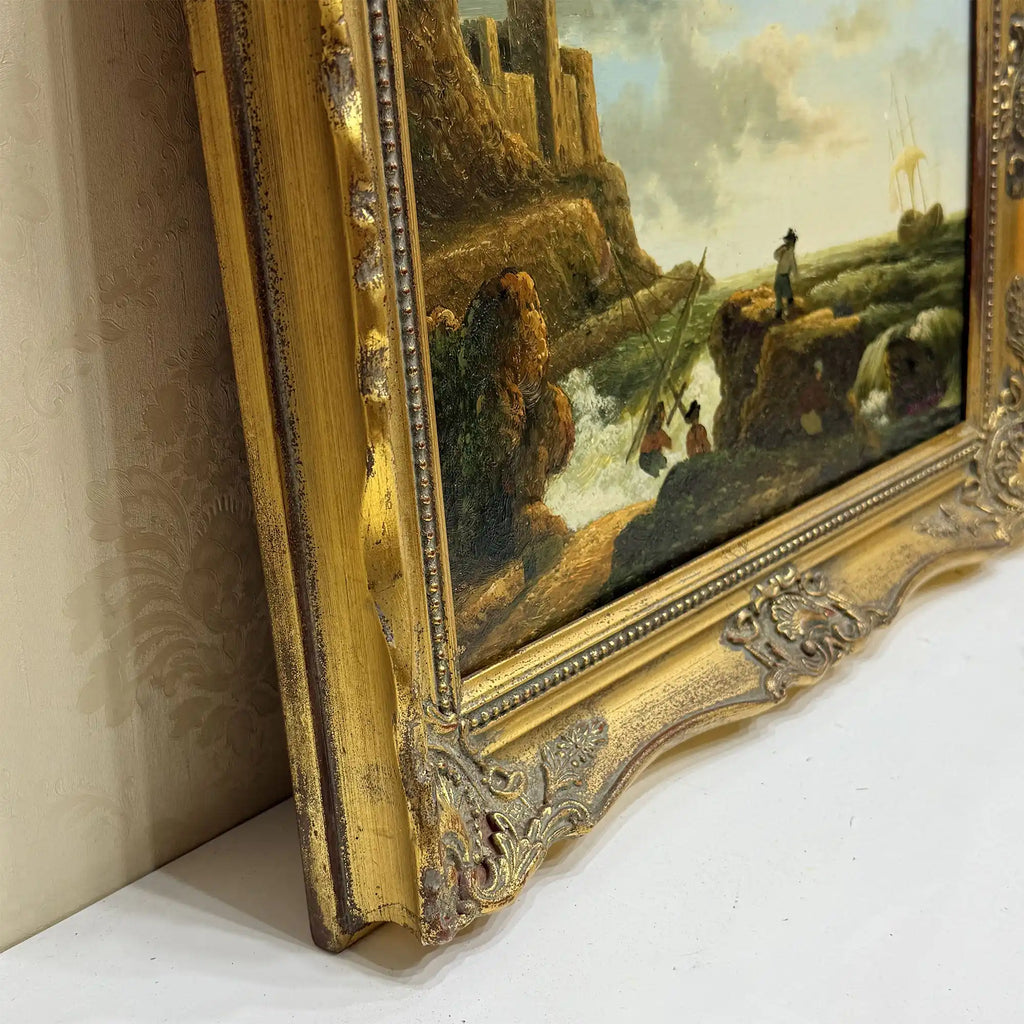 Coastal Tower in Storm | Vintage Seascape Oil Painting | Ornate Gold Frame | 19.7×16.1in - Vintage Oil Painting - Arden Gallery