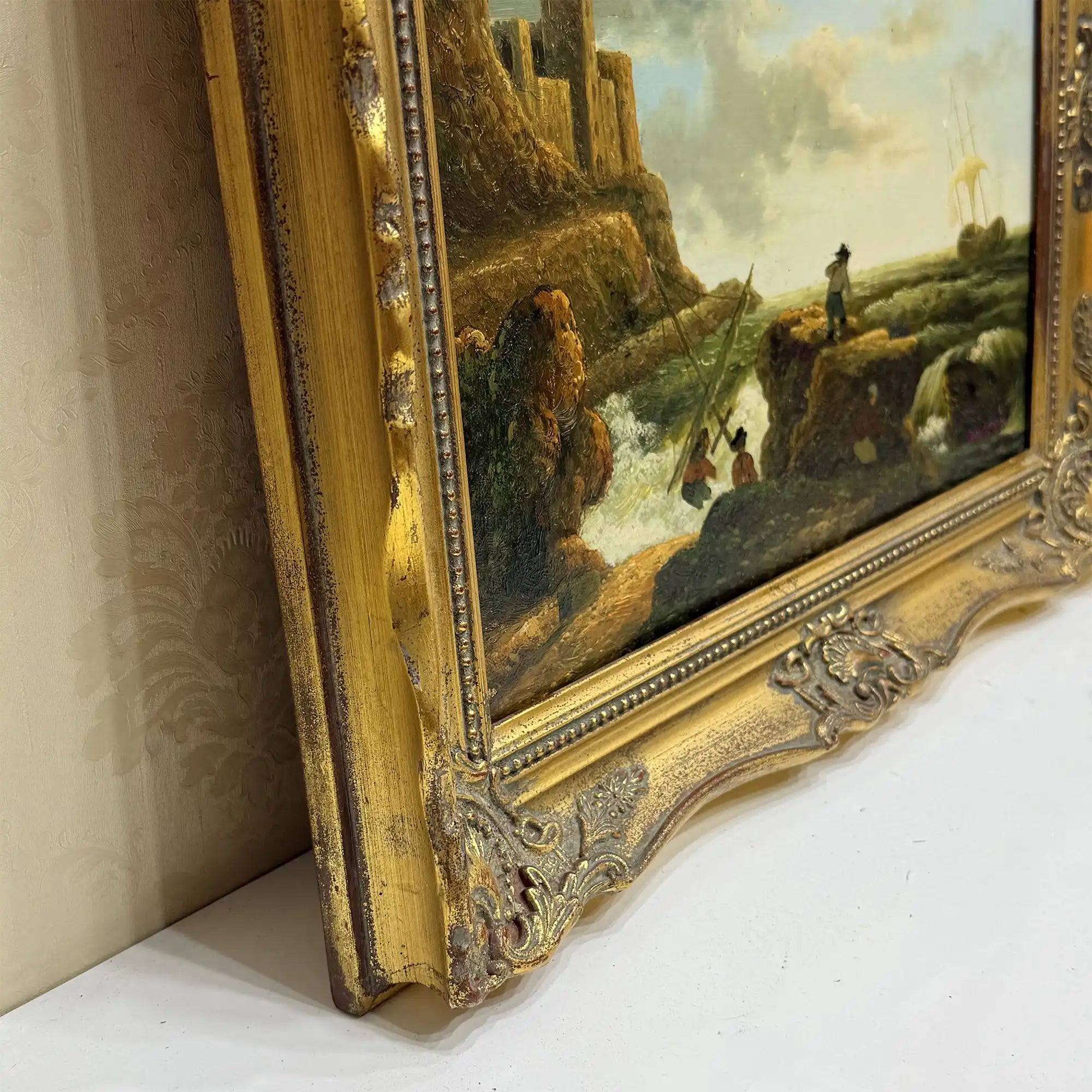 Coastal Tower in Storm | Vintage Seascape Oil Painting | Ornate Gold Frame | 19.7×16.1in - Vintage Oil Painting - Arden Gallery