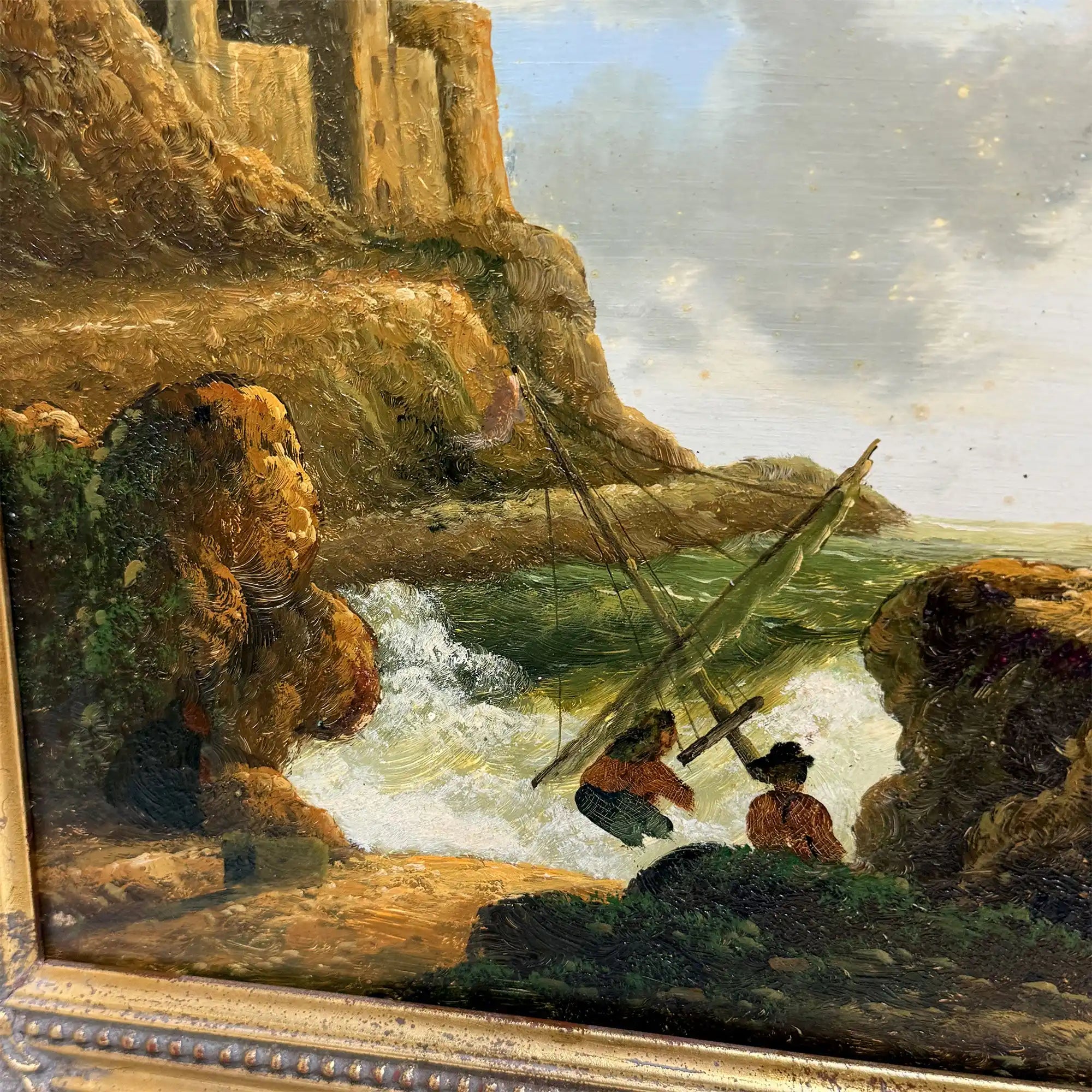 Coastal Tower in Storm | Vintage Seascape Oil Painting | Ornate Gold Frame | 19.7×16.1in - Vintage Oil Painting - Arden Gallery