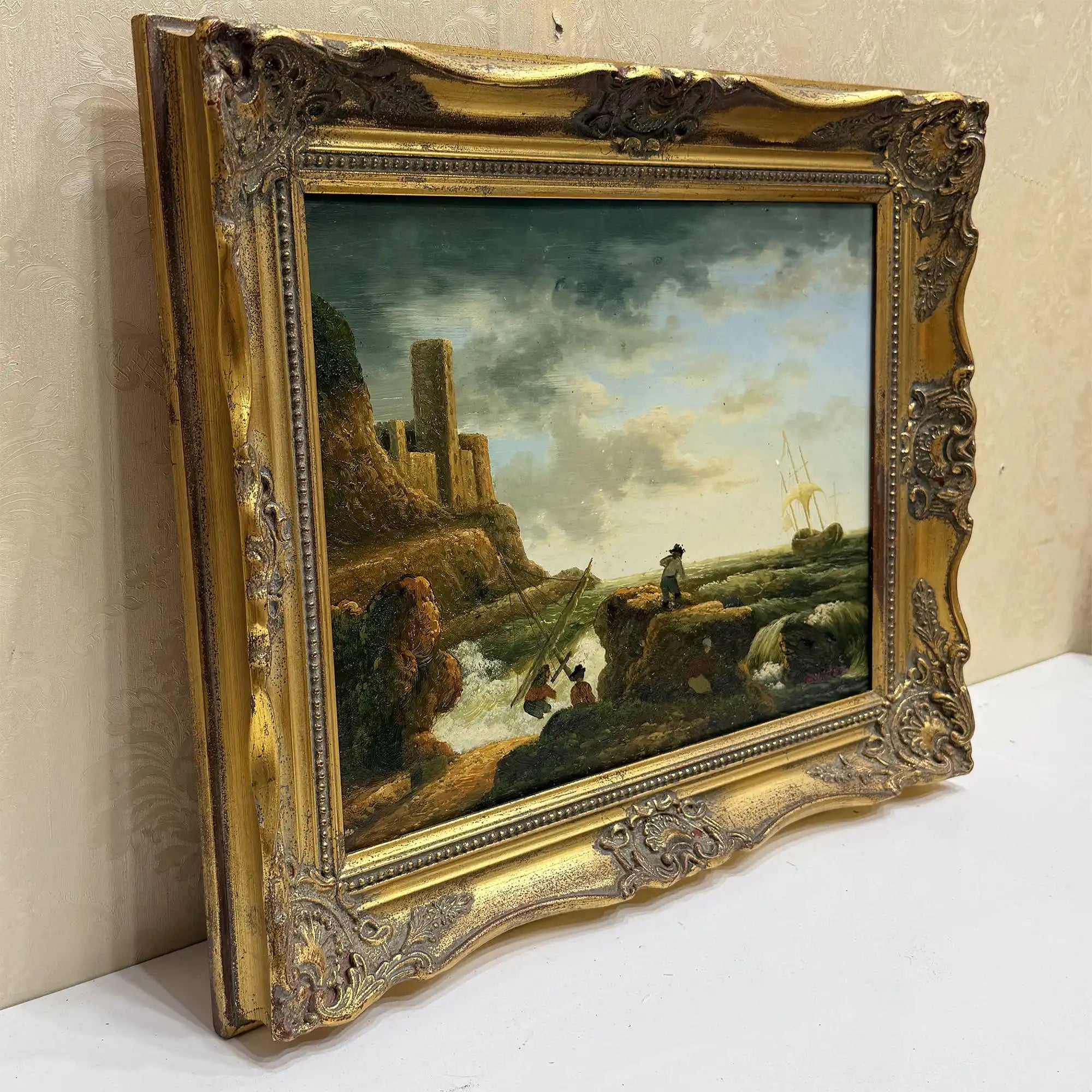 Coastal Tower in Storm | Vintage Seascape Oil Painting | Ornate Gold Frame | 19.7×16.1in - Vintage Oil Painting - Arden Gallery