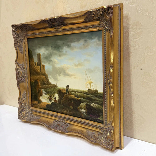 Coastal Tower in Storm | Vintage Seascape Oil Painting | Ornate Gold Frame | 19.7×16.1in - Vintage Oil Painting - Arden Gallery