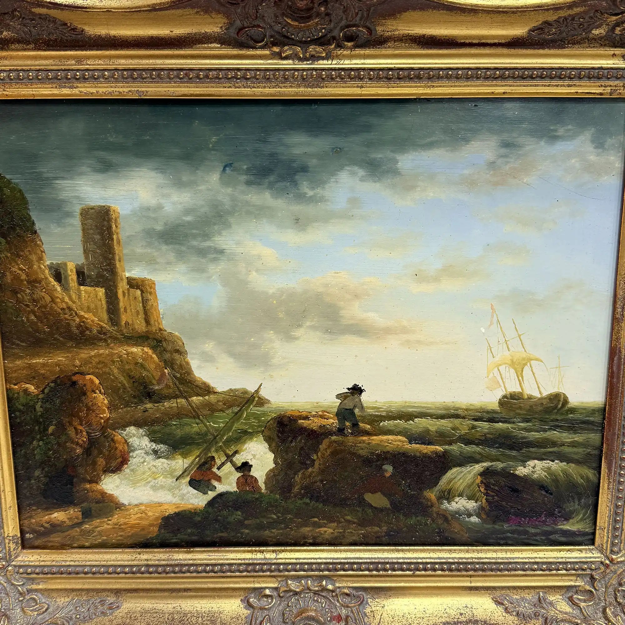 Coastal Tower in Storm | Vintage Seascape Oil Painting | Ornate Gold Frame | 19.7×16.1in - Vintage Oil Painting - Arden Gallery