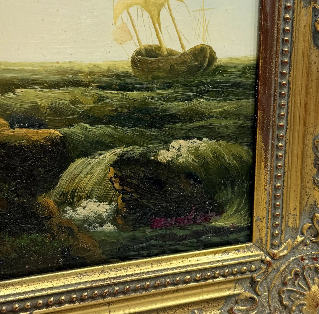 Coastal Tower in Storm | Vintage Seascape Oil Painting | Ornate Gold Frame | 19.7×16.1in - Vintage Oil Painting - Arden Gallery