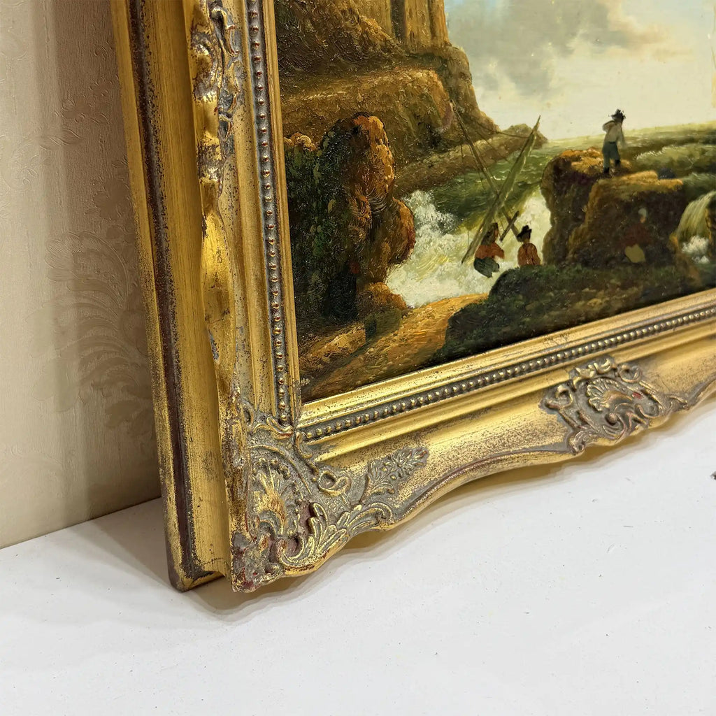 Coastal Tower in Storm | Vintage Seascape Oil Painting | Ornate Gold Frame | 19.7×16.1in - Vintage Oil Painting - Arden Gallery
