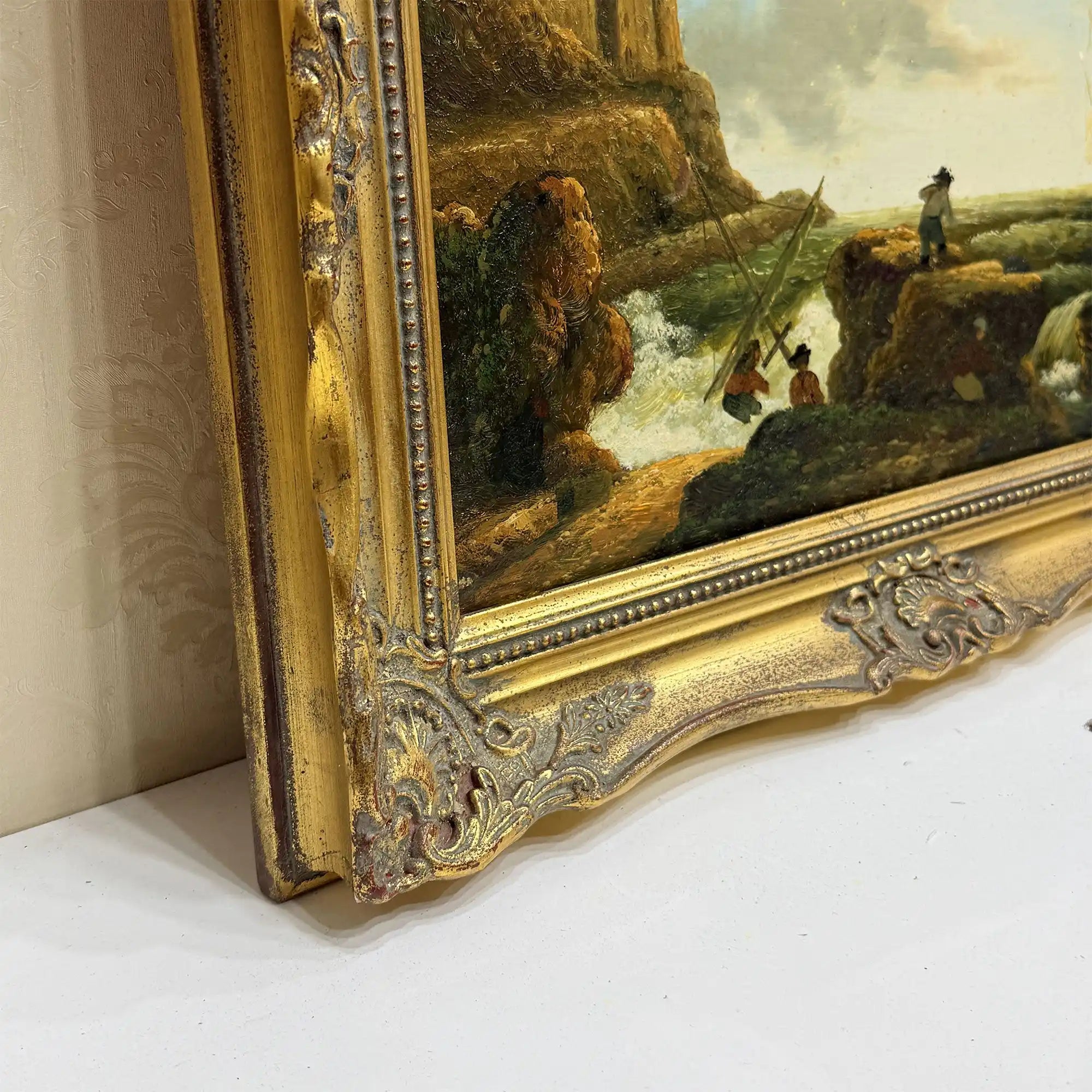 Coastal Tower in Storm | Vintage Seascape Oil Painting | Ornate Gold Frame | 19.7×16.1in - Vintage Oil Painting - Arden Gallery