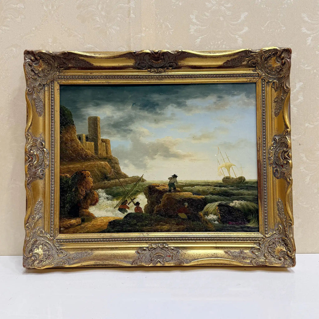 Coastal Tower in Storm | Vintage Seascape Oil Painting | Ornate Gold Frame | 19.7×16.1in - Vintage Oil Painting - Arden Gallery