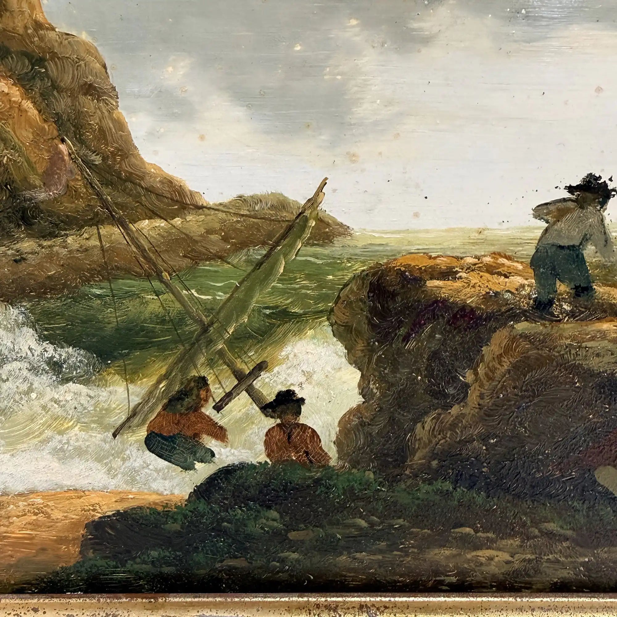 Coastal Tower in Storm | Vintage Seascape Oil Painting | Ornate Gold Frame | 19.7×16.1in - Vintage Oil Painting - Arden Gallery