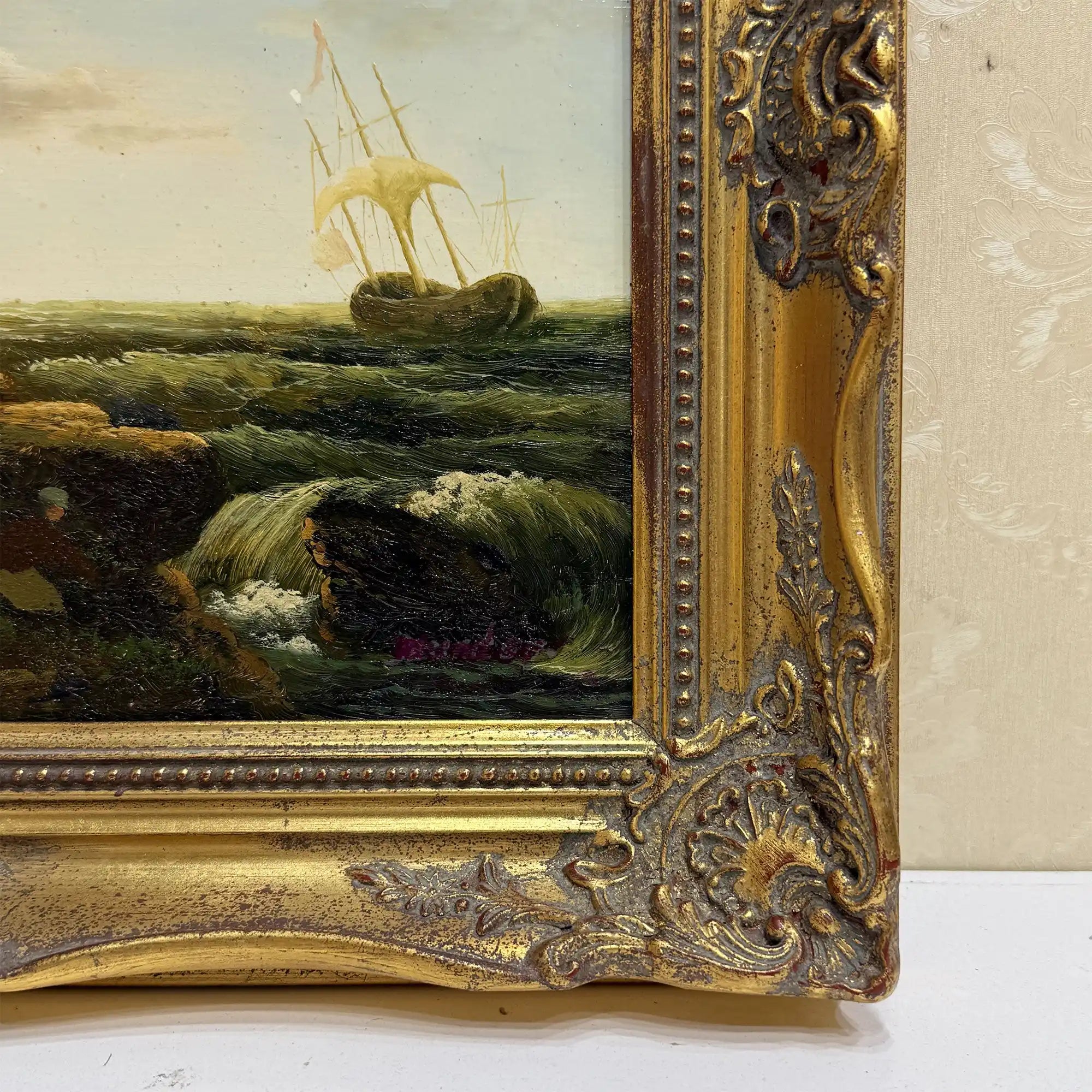 Coastal Tower in Storm | Vintage Seascape Oil Painting | Ornate Gold Frame | 19.7×16.1in - Vintage Oil Painting - Arden Gallery