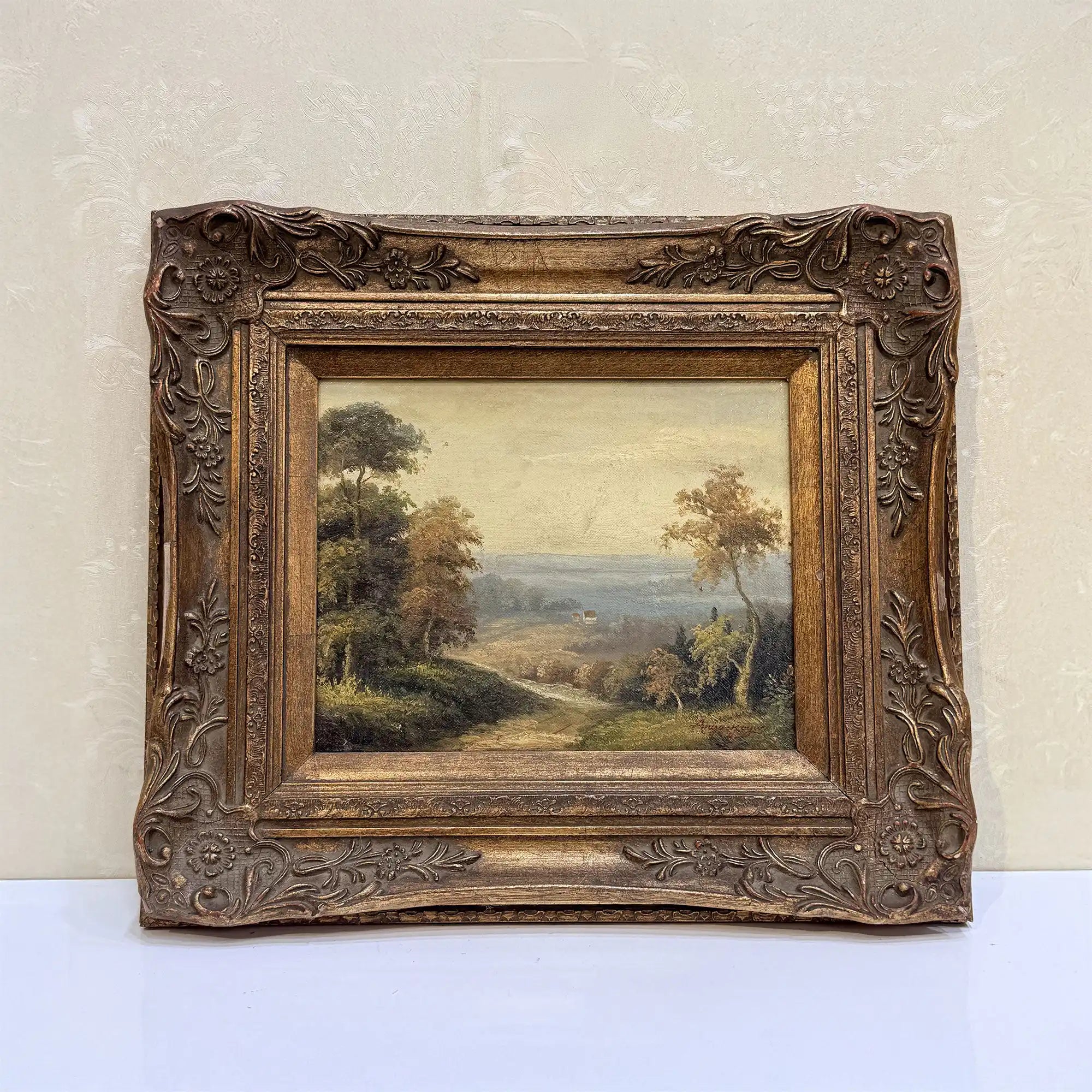 Country Road into the Valley Oil Painting | Signed | Cattle & Blue Hills | Late 20th C. | 15.7×13.8in - Vintage Oil Painting - Arden Gallery