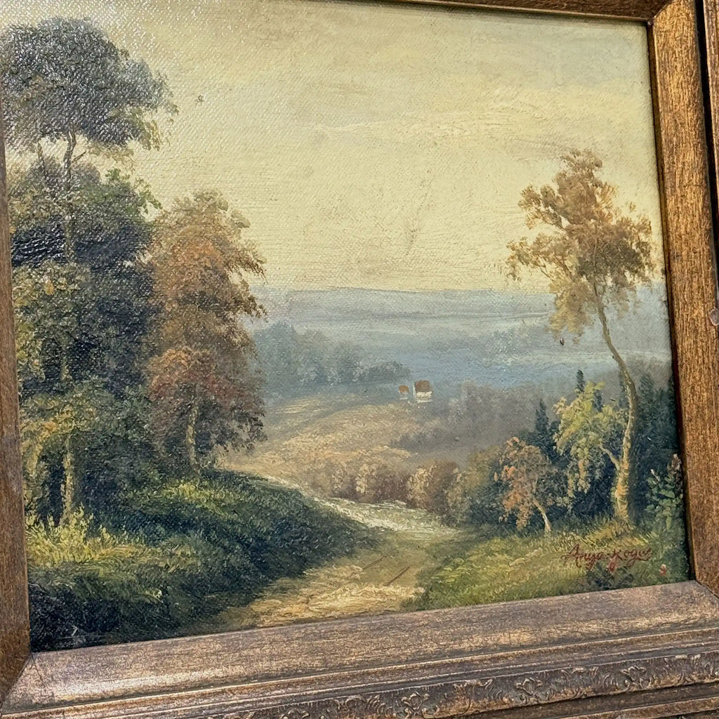 Country Road into the Valley Oil Painting | Signed | Cattle & Blue Hills | Late 20th C. | 15.7×13.8in - Vintage Oil Painting - Arden Gallery