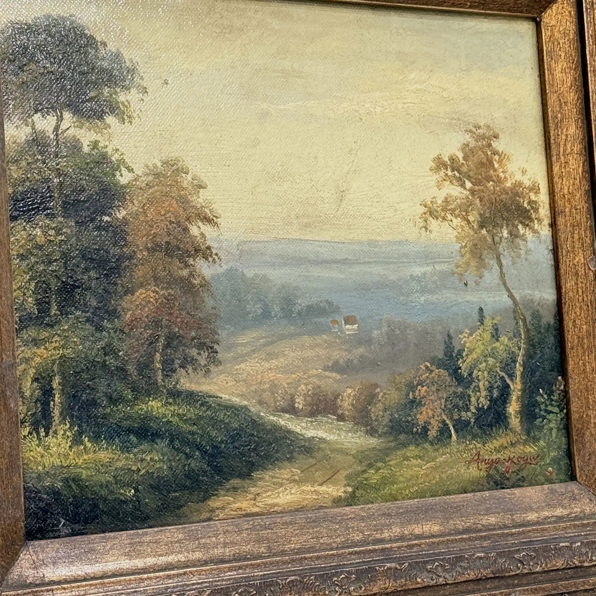 Country Road into the Valley Oil Painting | Signed | Cattle & Blue Hills | Late 20th C. | 15.7×13.8in - Vintage Oil Painting - Arden Gallery