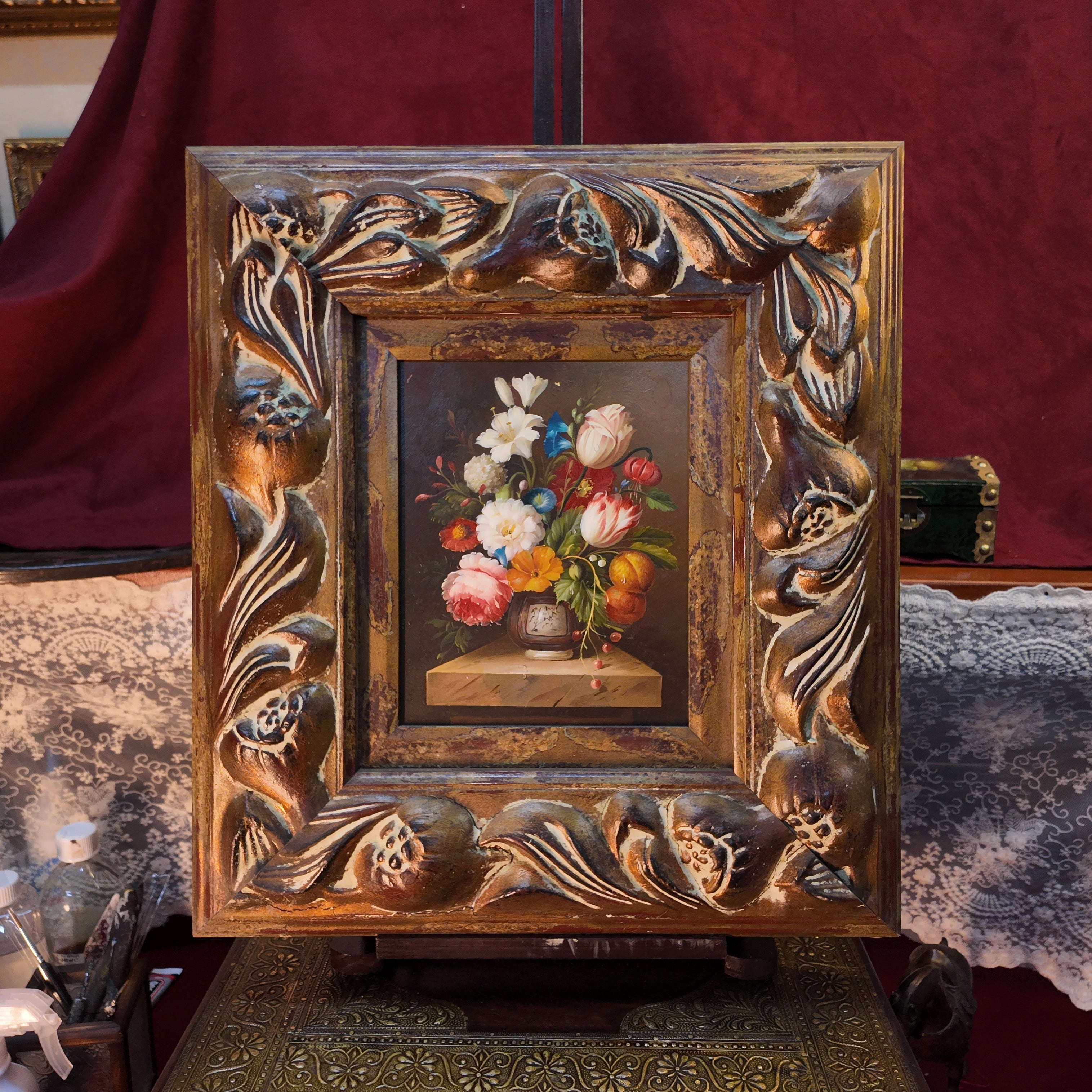 Vintage European Flower Bouquet Oil Painting, Classic Framed Wall Decor 18.1×19.7 in
